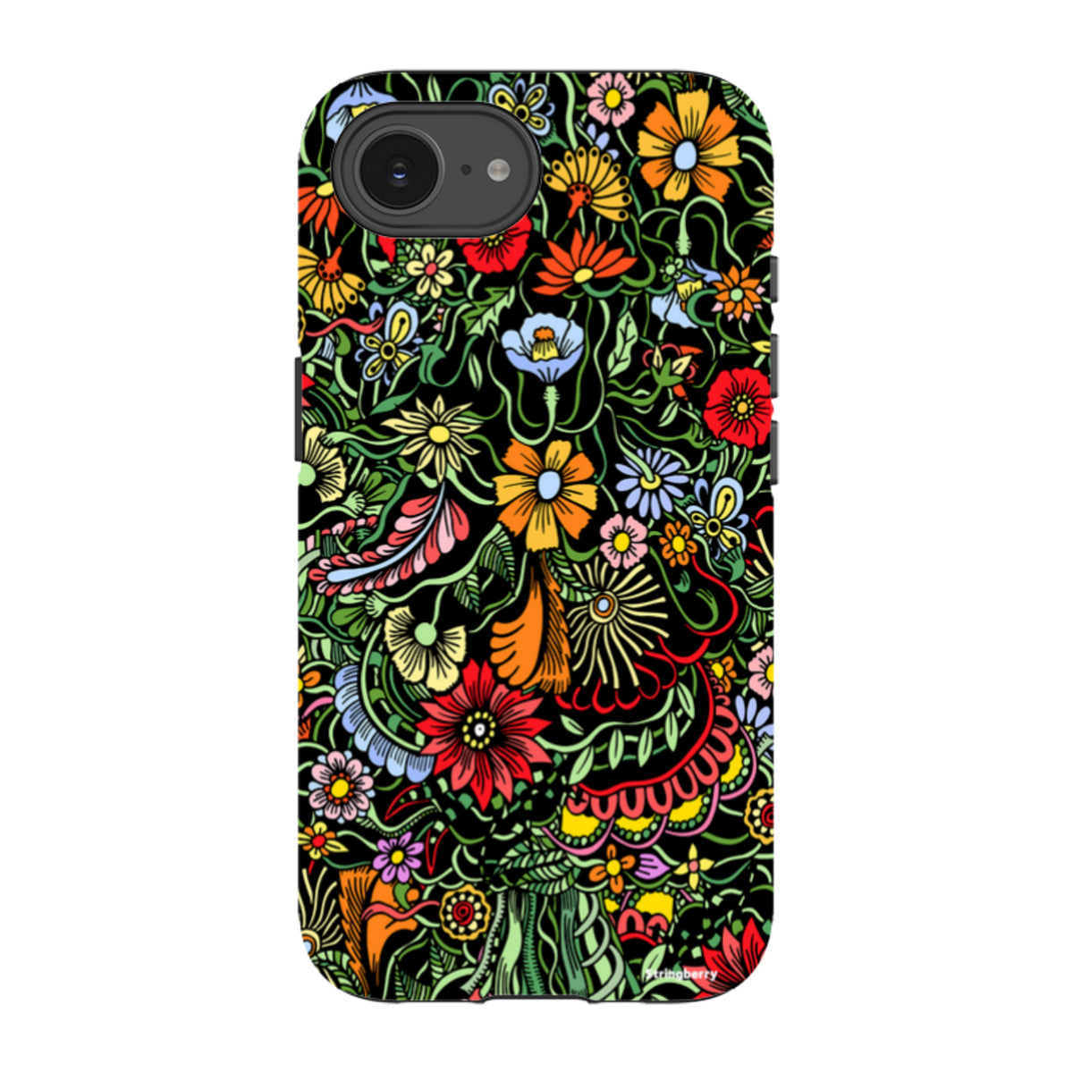 iPhone Tough Case in Verona design featuring a vibrant, colorful floral pattern on a black background with dual-layer protection.