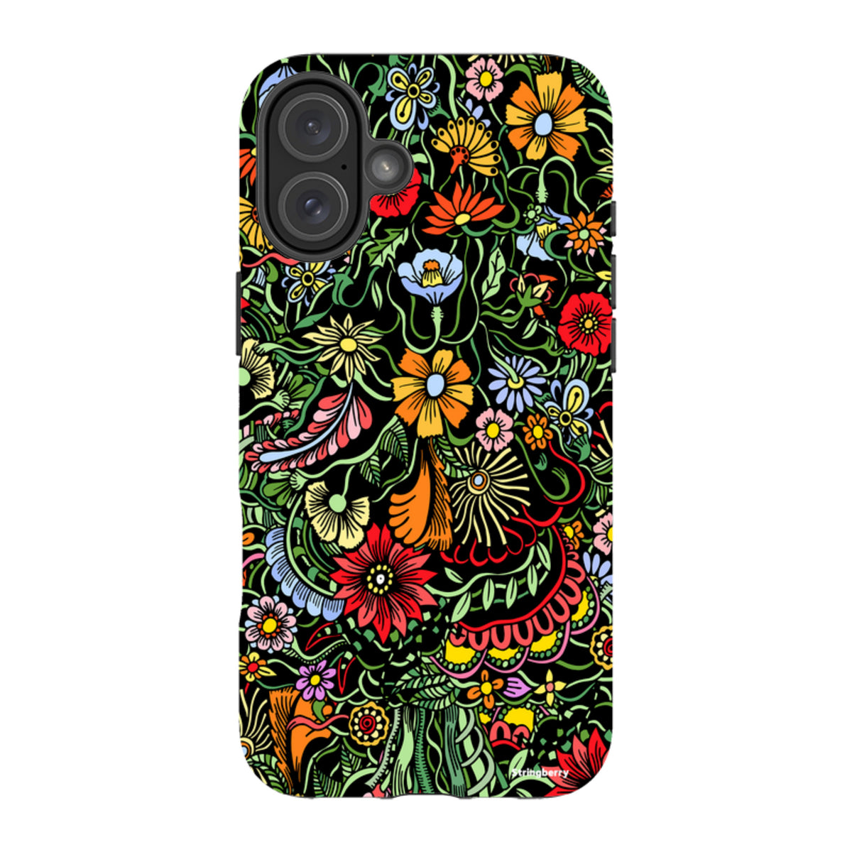 iPhone Tough Case in Verona design featuring a vibrant, multicolored floral pattern on a black background.