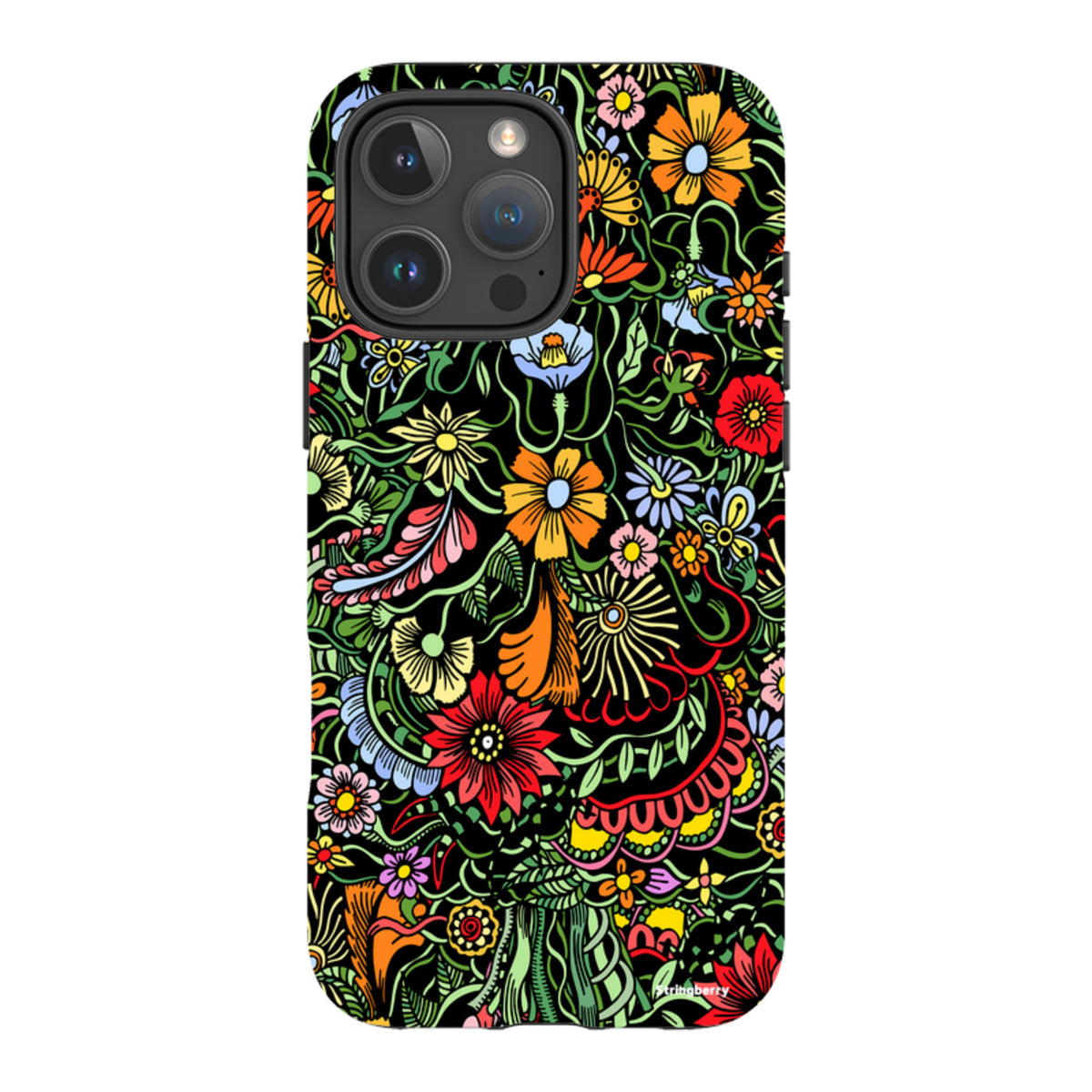 iPhone Tough Case in Verona design featuring a vibrant, colorful floral pattern on a black background.