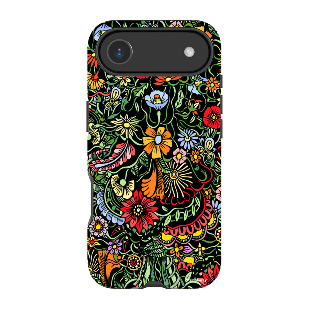 iPhone Tough Case in Verona design featuring a vibrant, colorful floral pattern on a black background with dual-layer protection.