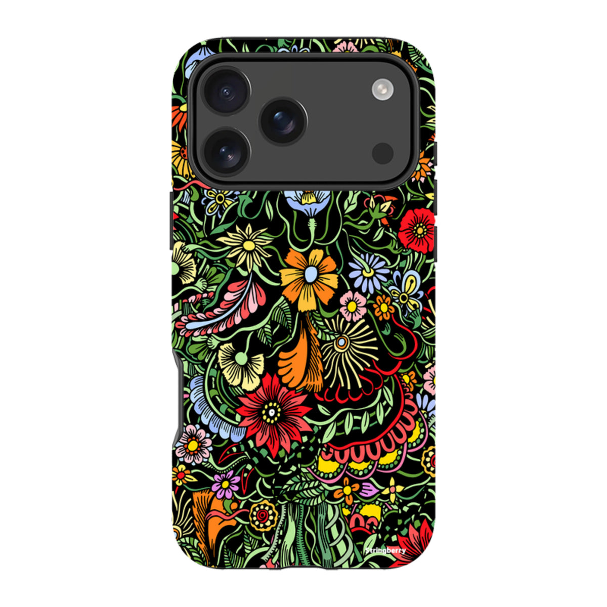 iPhone Tough Case in Verona design featuring a vibrant, colorful floral pattern on a black background with dual-layer protection.