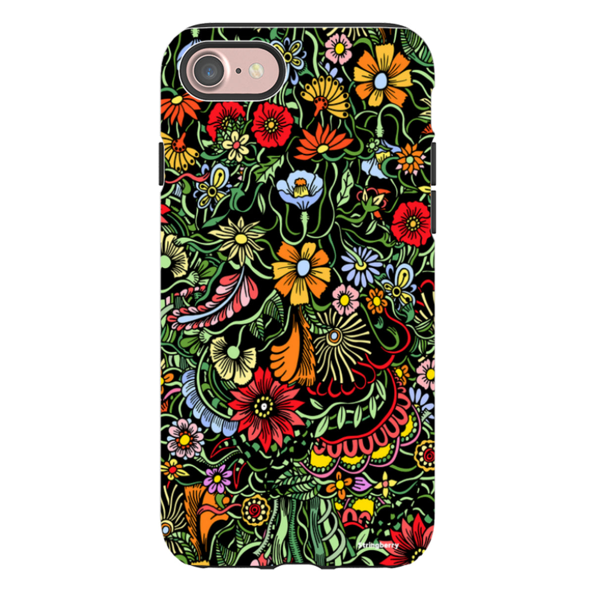 iPhone Tough Case in Verona design featuring a vibrant, colorful floral pattern on a black background.