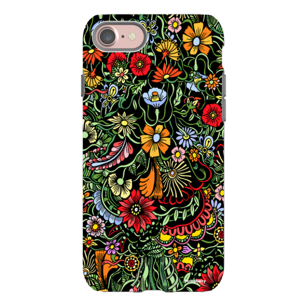 iPhone Tough Case in Verona design featuring a vibrant, multicolored floral pattern on a black background.