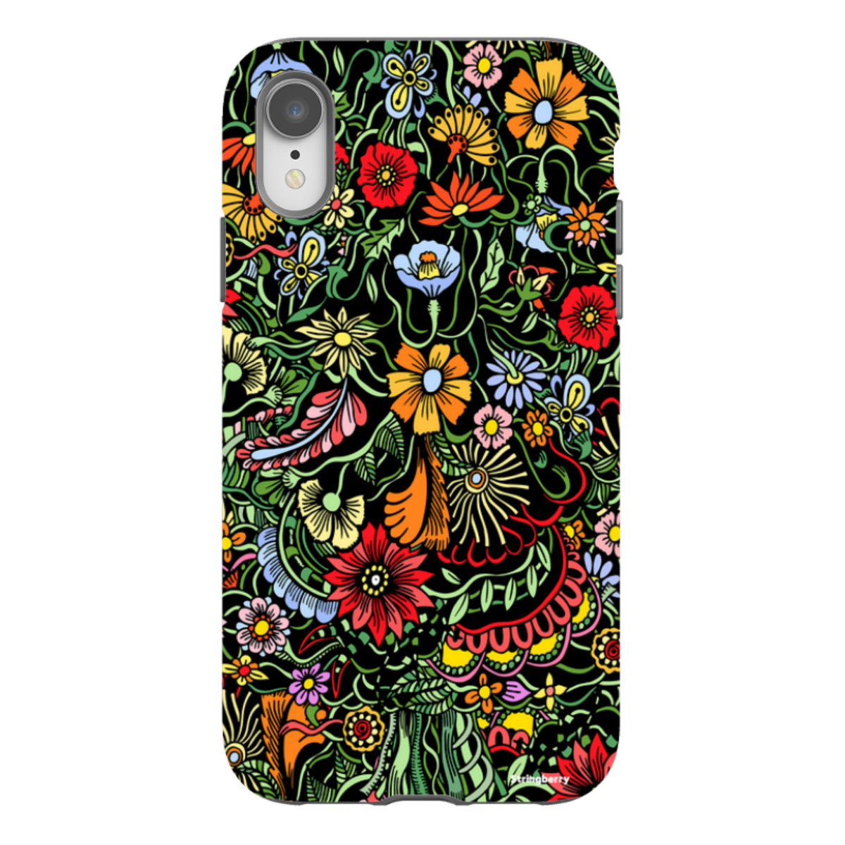 iPhone Tough Case in Verona design featuring a vibrant, colorful floral pattern on a black background with dual-layer protection.
