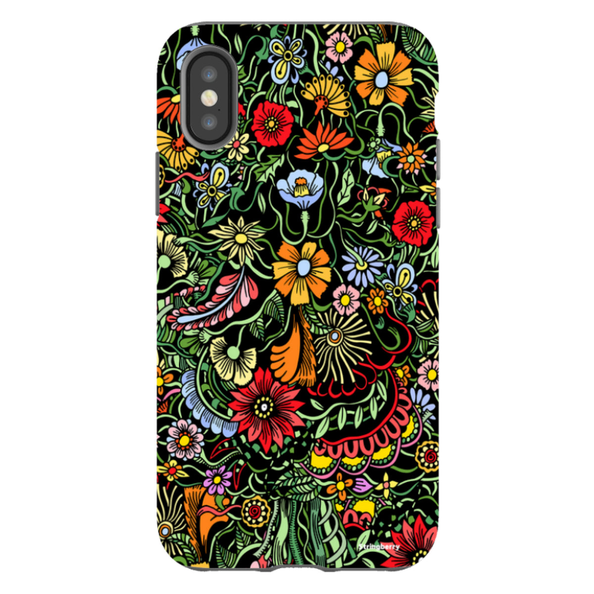 iPhone Tough Case in Verona design featuring a vibrant, colorful floral pattern on a black background with dual-layer protection.