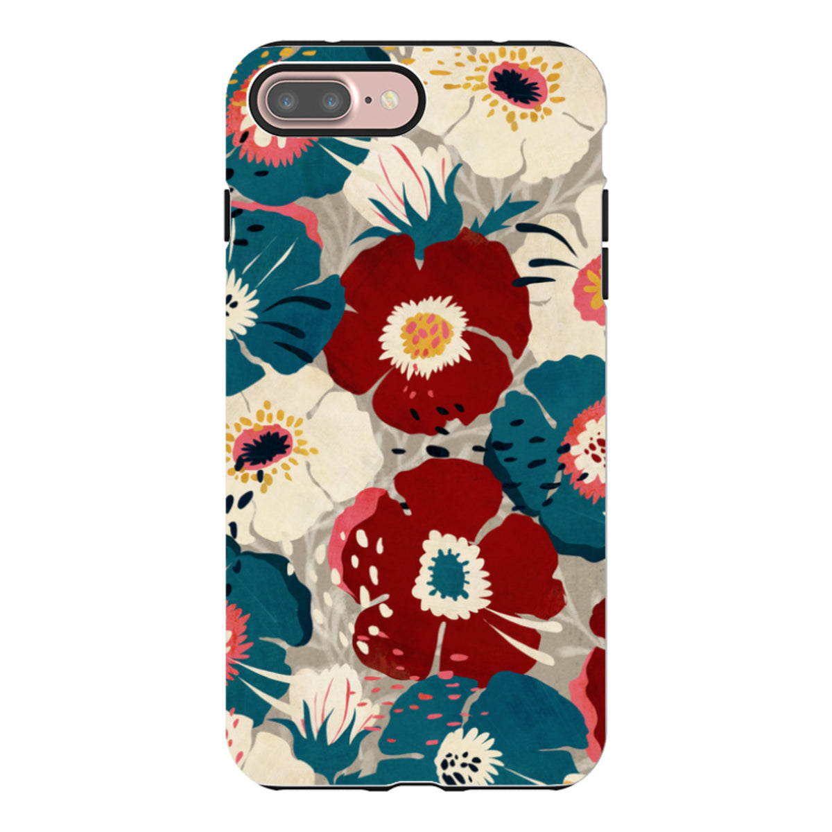 Dual-layer iPhone tough case featuring Katherine Quinn’s vintage floral art in red, teal, and cream on a durable shell.