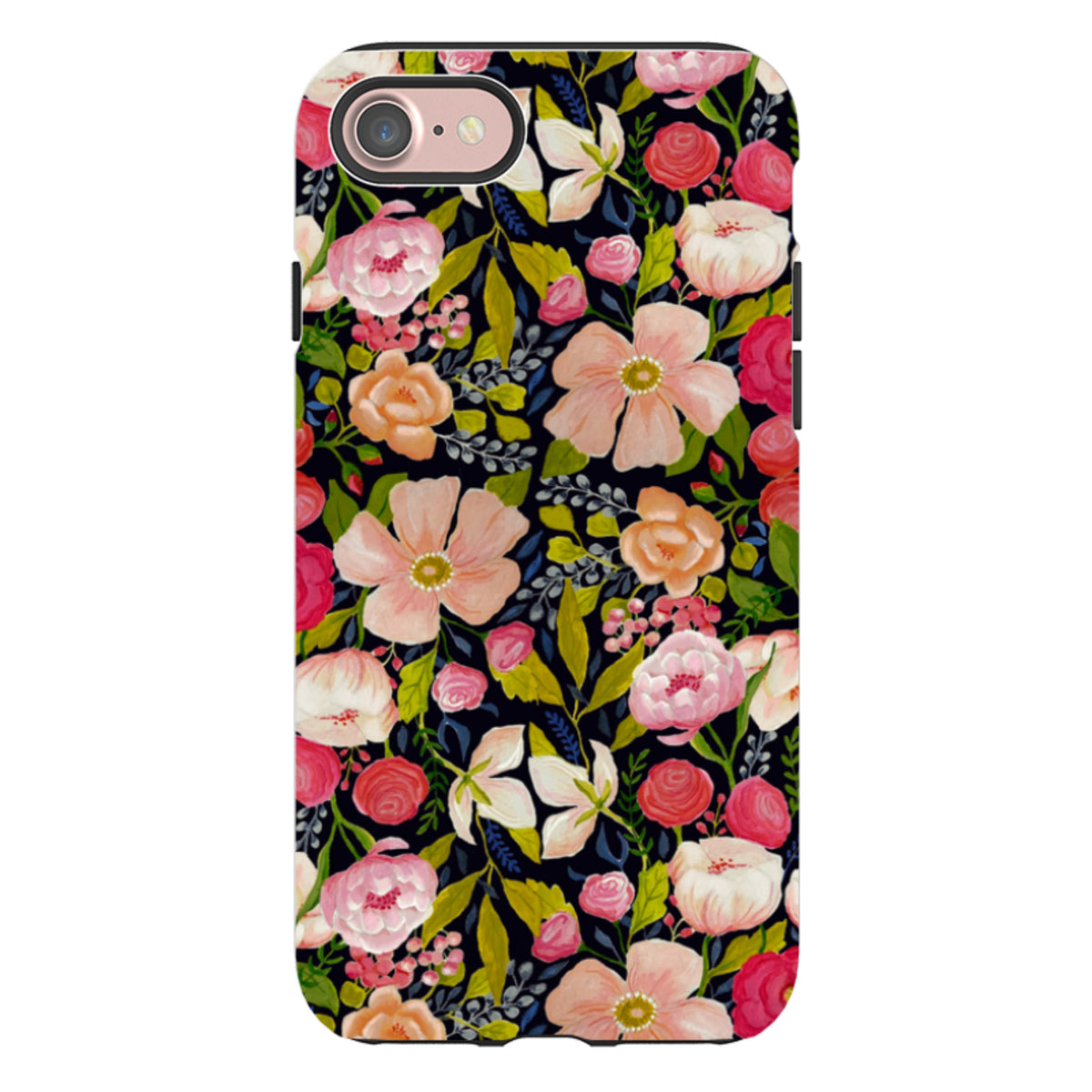 iPhone tough case featuring a vintage floral rose pattern in pink and peach tones on a black background.