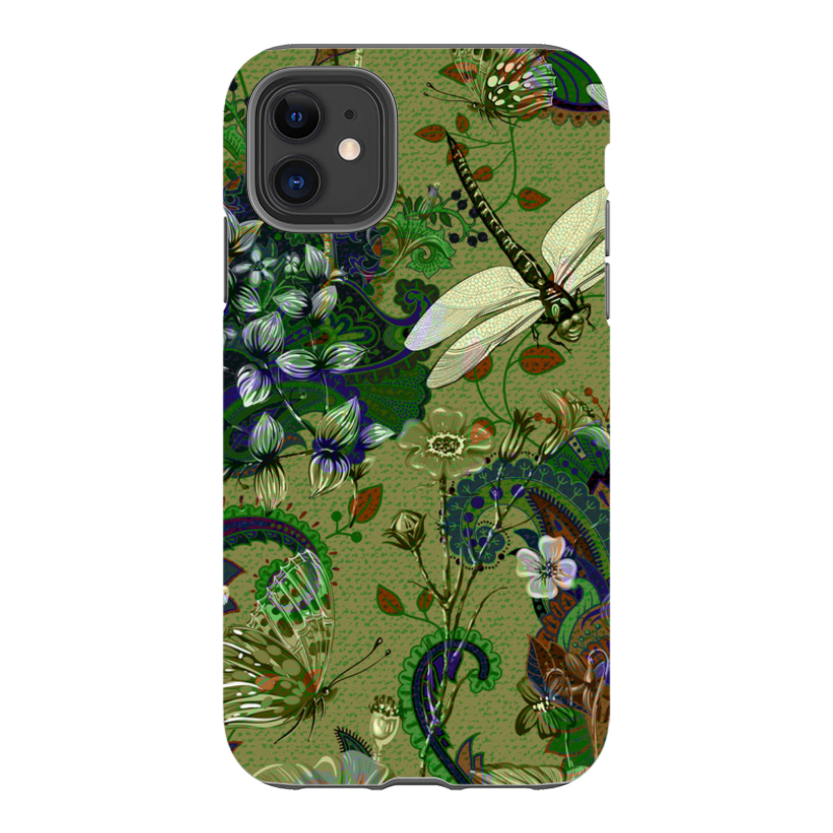 iPhone Tough Case featuring a green botanical print with dragonflies, butterflies, and intricate paisley patterns.
