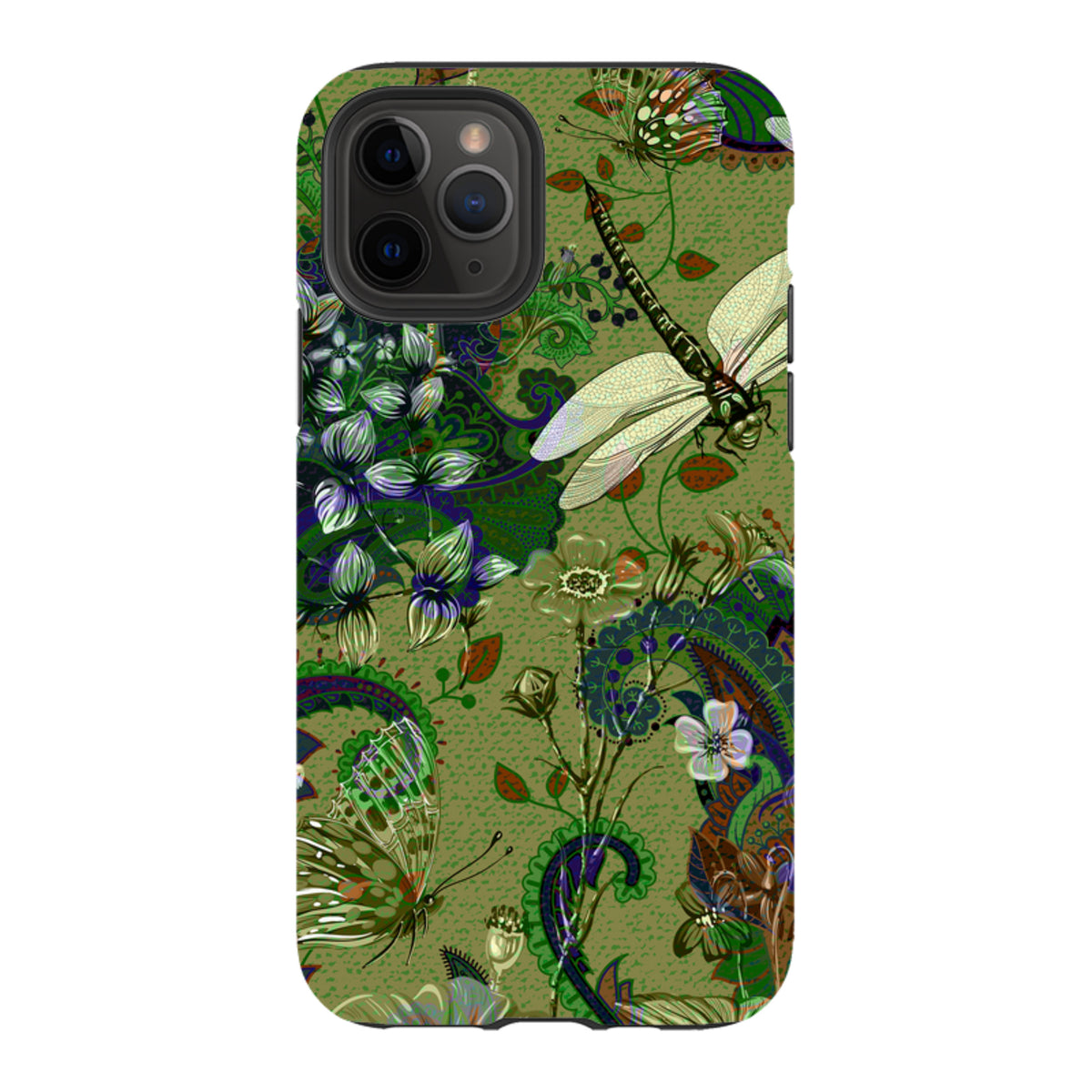 iPhone Tough Case in Vyne design featuring a green botanical pattern with dragonflies, butterflies, and paisley art.
