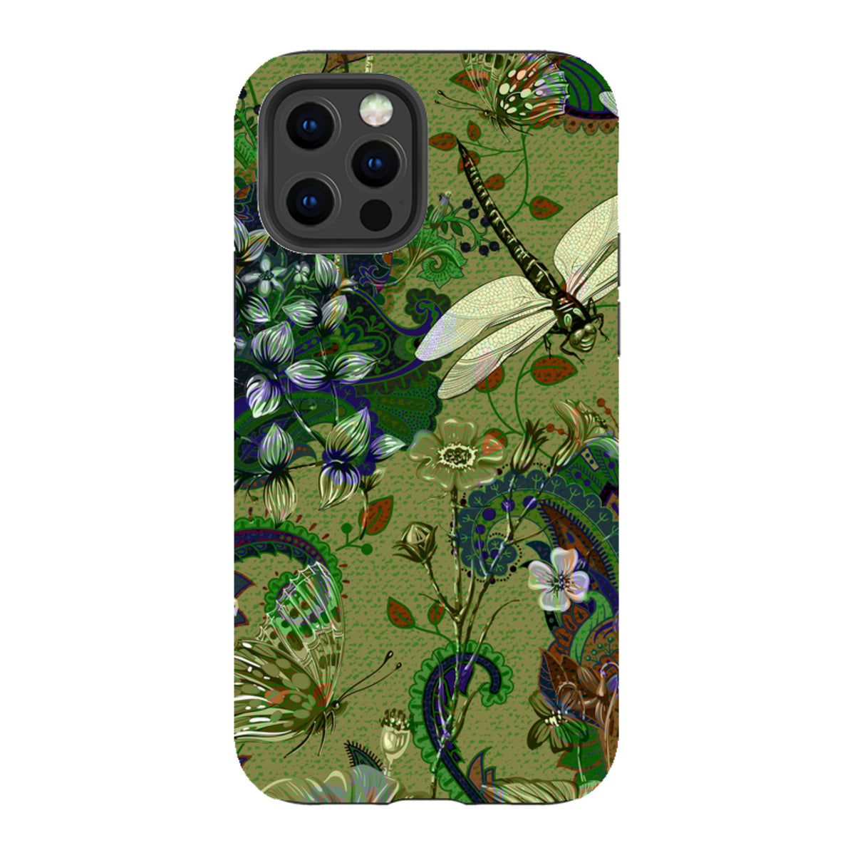 iPhone Tough Case featuring a green botanical print with dragonflies, butterflies, and intricate paisley patterns.
