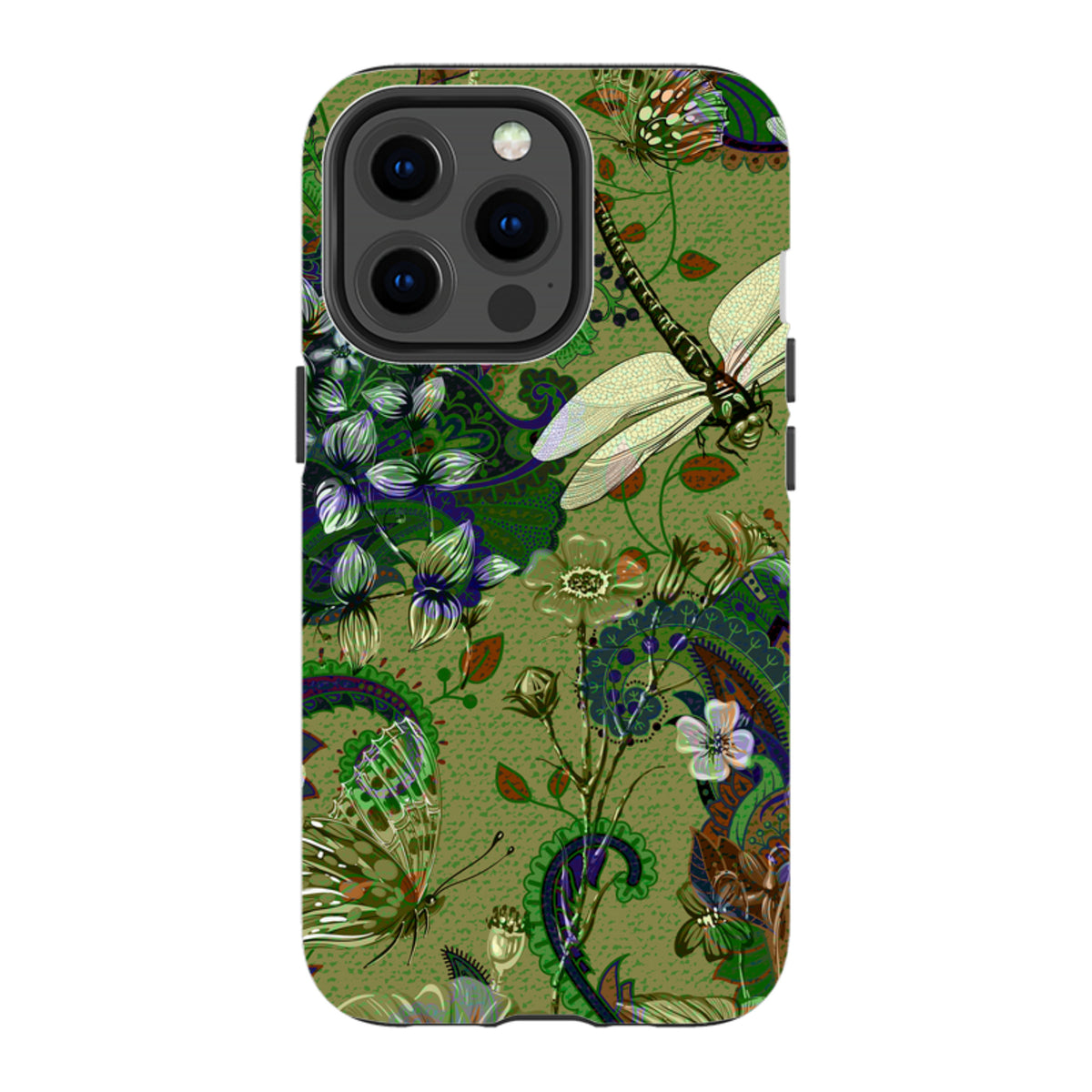 iPhone Tough Case in Vyne design featuring a green botanical pattern with dragonflies, butterflies, and paisley motifs.