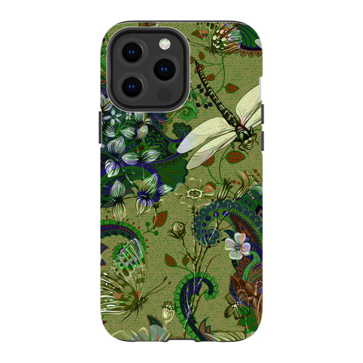 iPhone tough case featuring a green botanical print with dragonflies, butterflies, and intricate paisley patterns.