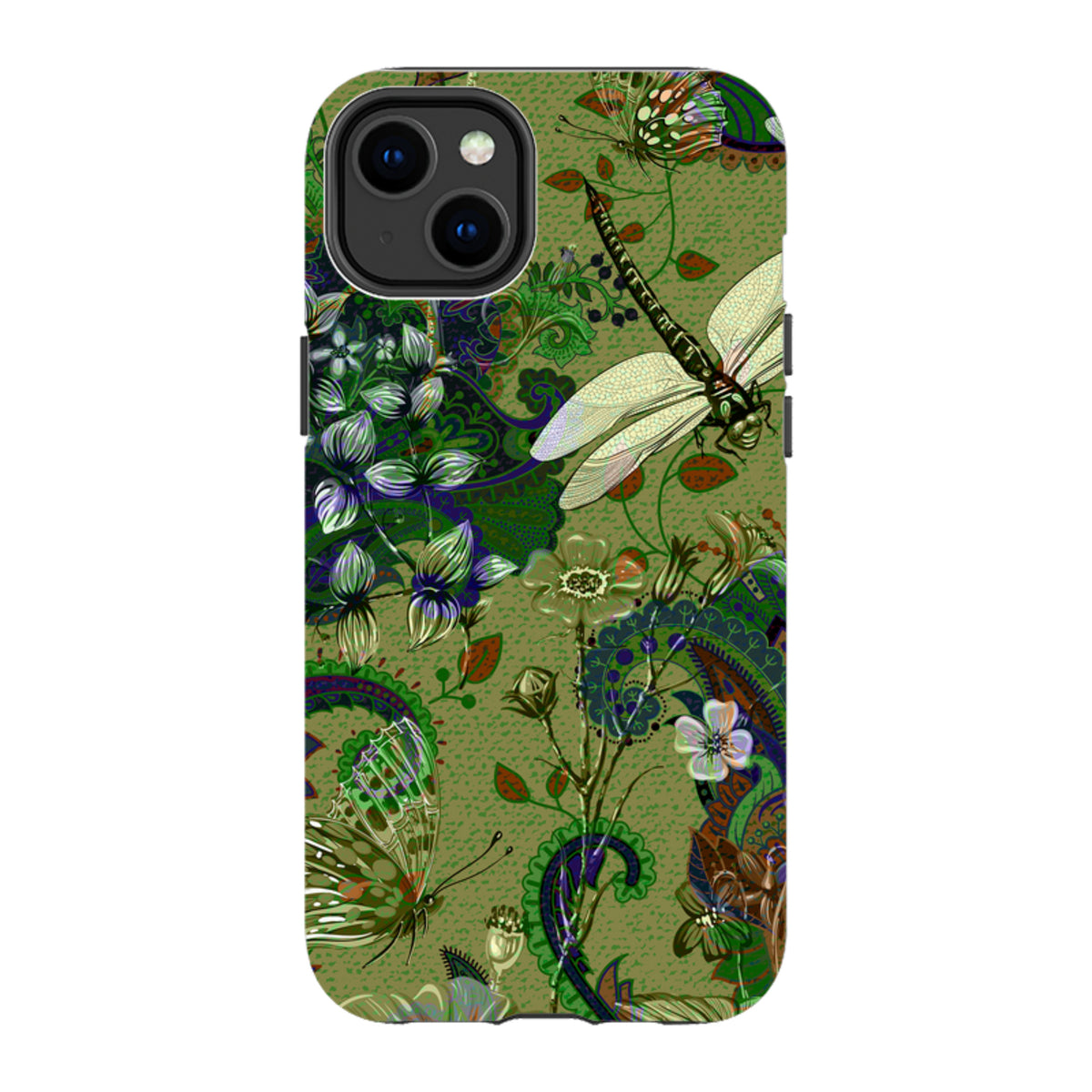 iPhone Tough Case featuring a green botanical print with dragonflies, butterflies, and intricate paisley patterns.