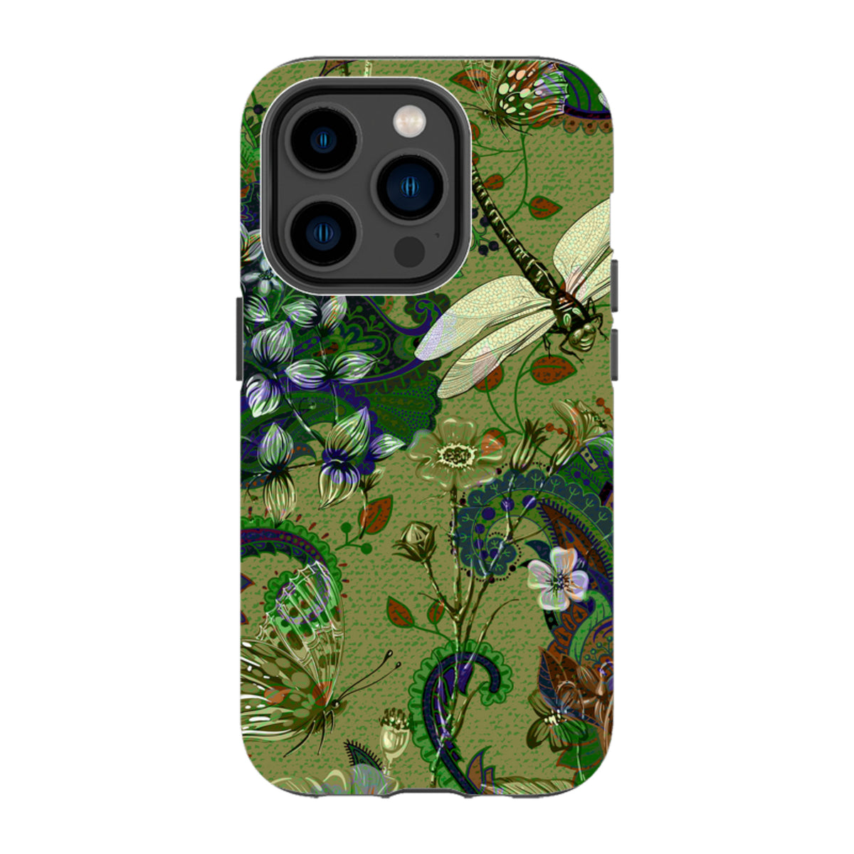 iPhone Tough Case featuring a green botanical print with dragonflies, butterflies, and intricate paisley patterns.