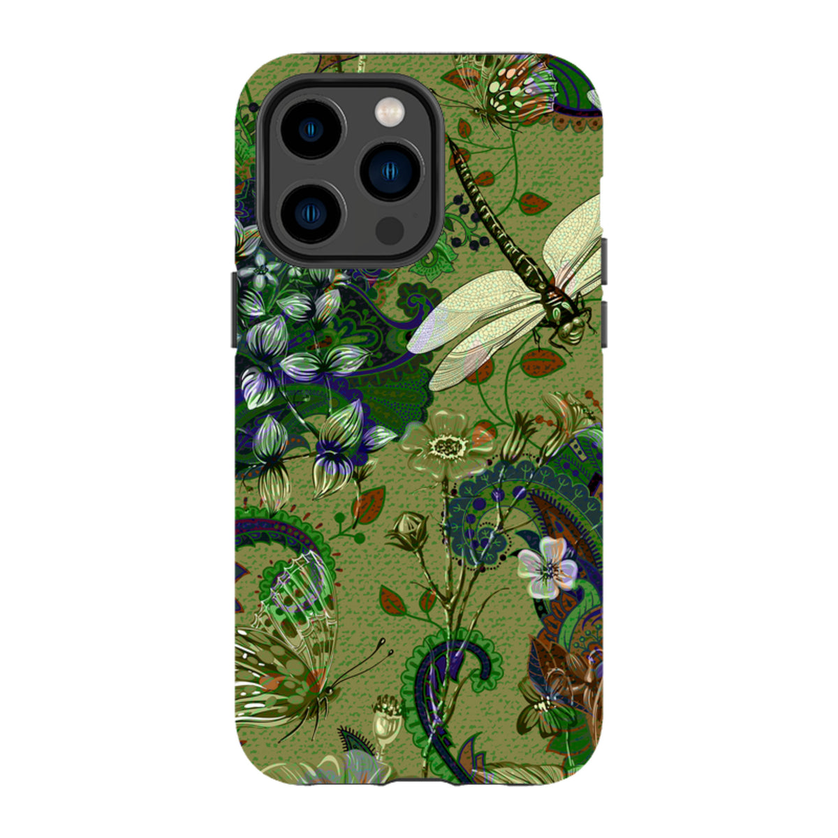 iPhone Tough Case featuring a green botanical print with dragonflies, butterflies, and intricate paisley patterns.
