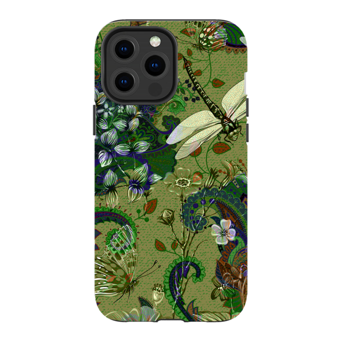 iPhone Tough Case featuring a green botanical print with dragonflies, butterflies, and intricate paisley patterns.
