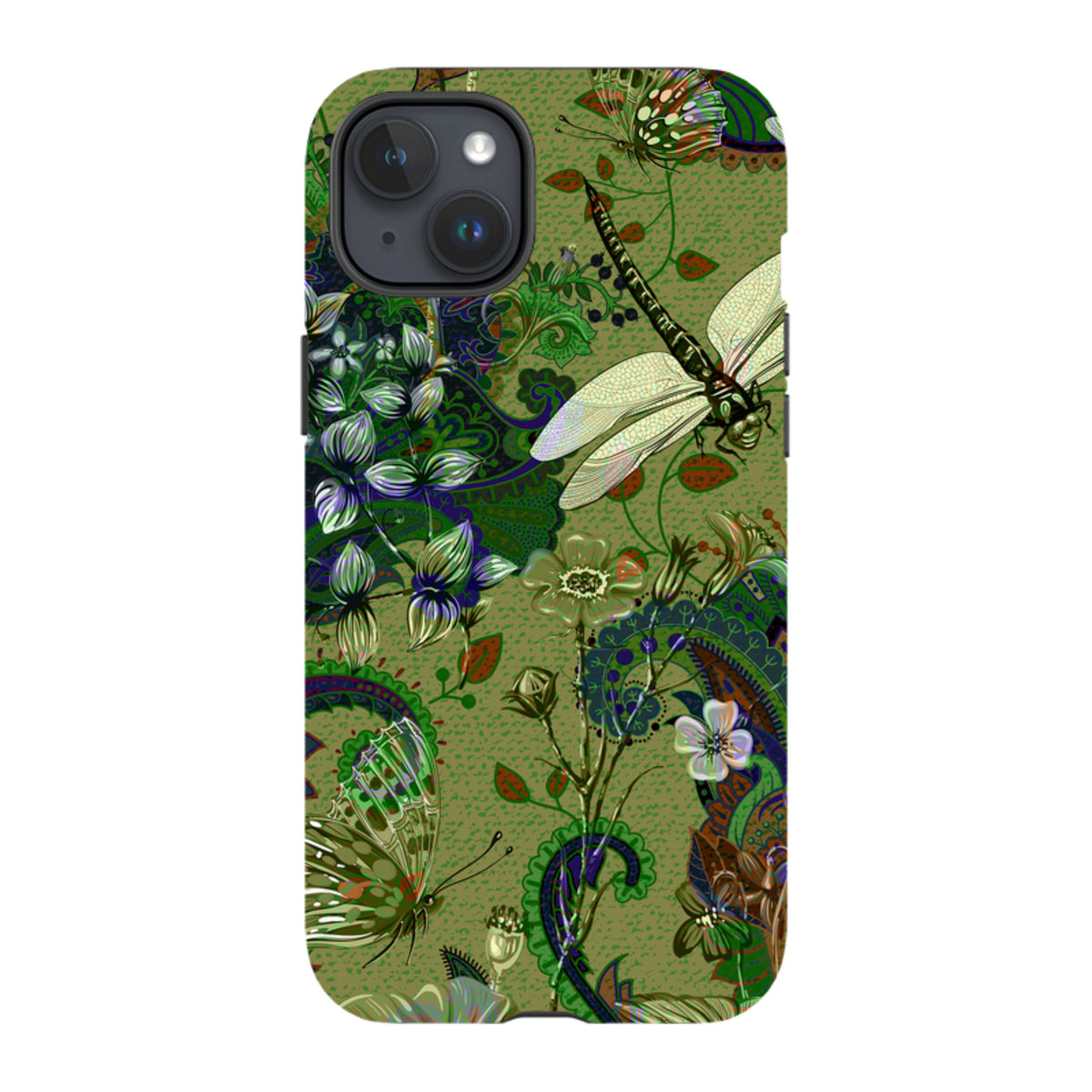 iPhone Tough Case featuring a green botanical print with dragonflies, butterflies, and intricate paisley patterns.