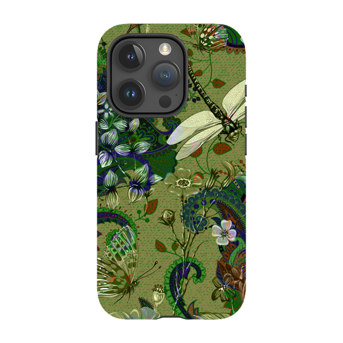 iPhone Tough Case featuring a green botanical print with dragonflies, butterflies, and intricate paisley patterns.