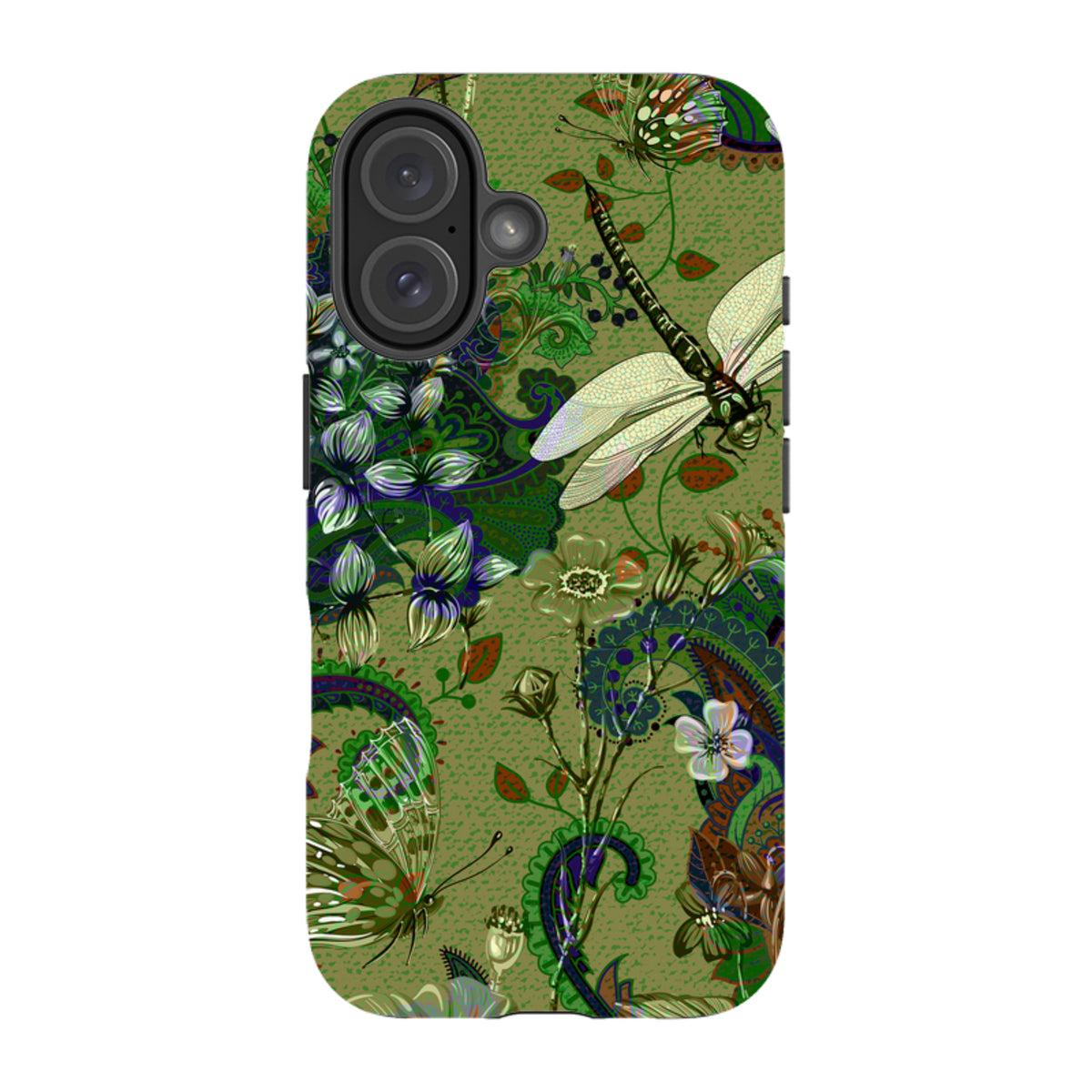 iPhone Tough Case in Vyne design featuring a green botanical print with dragonflies, butterflies, and paisley patterns.