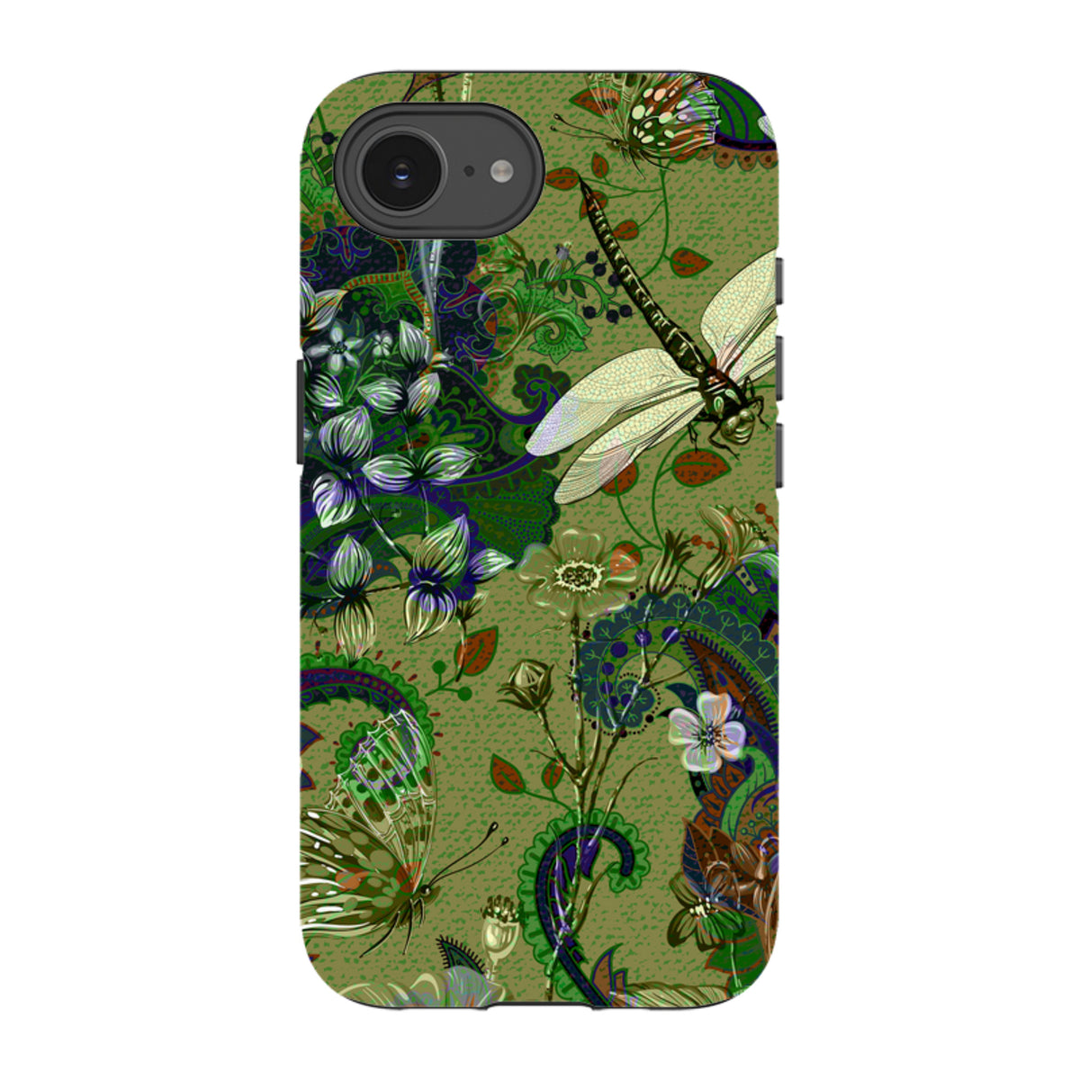 iPhone Tough Case featuring a green botanical print with dragonflies, butterflies, and intricate paisley patterns.