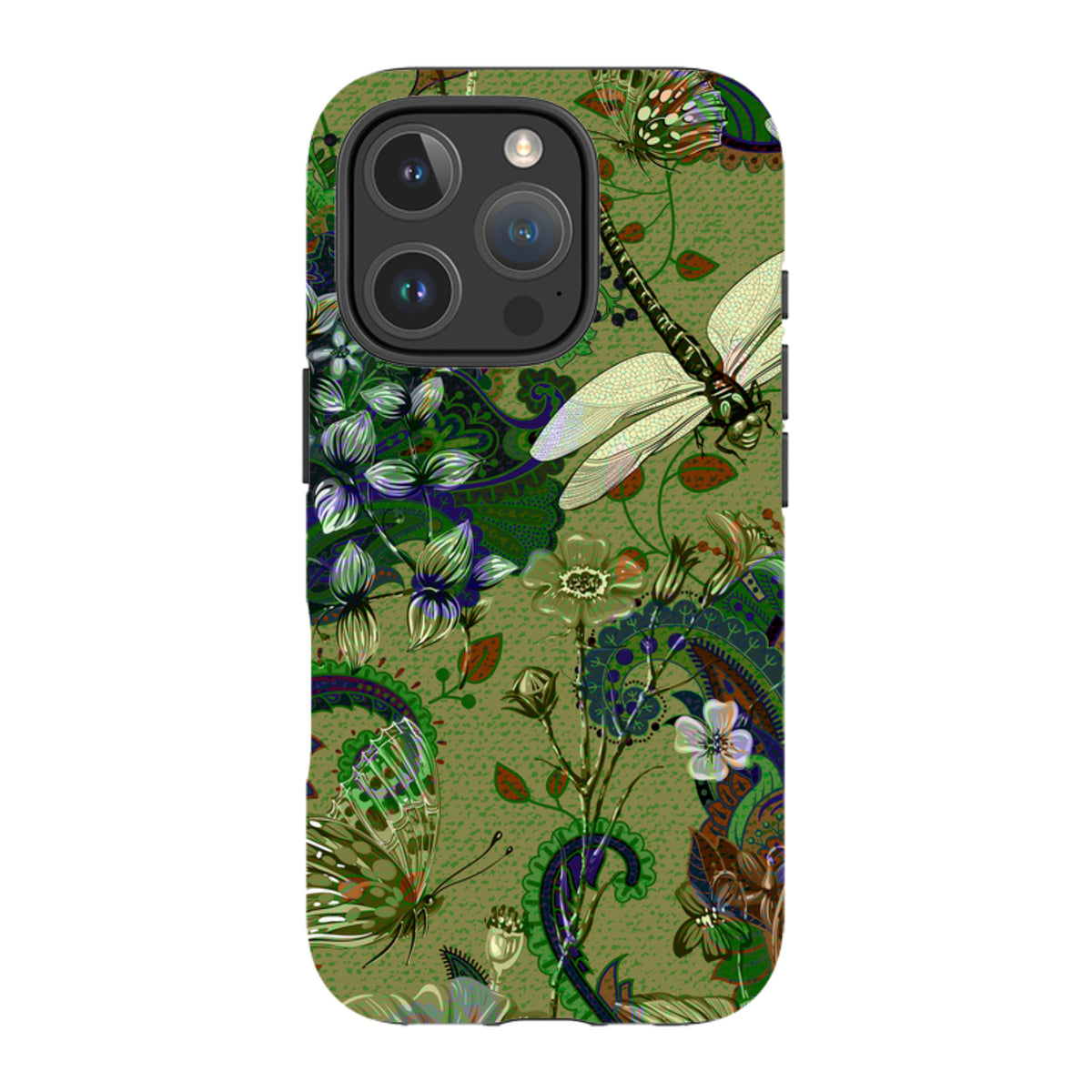 iPhone Tough Case featuring a botanical Vyne print with dragonflies, butterflies, and paisley patterns on olive green.