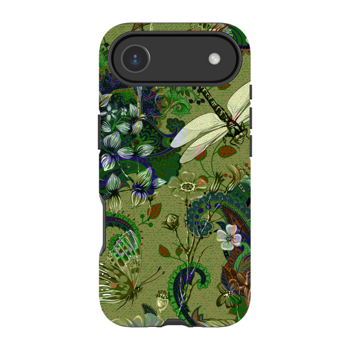 iPhone Tough Case with a green botanical pattern featuring dragonflies, butterflies, and paisley floral art.