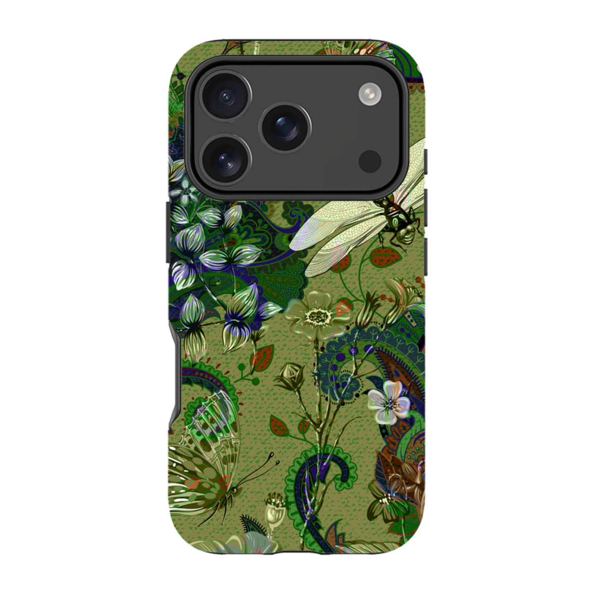 iPhone Tough Case in Vyne design featuring a green floral and dragonfly pattern with a durable dual-layer finish.
