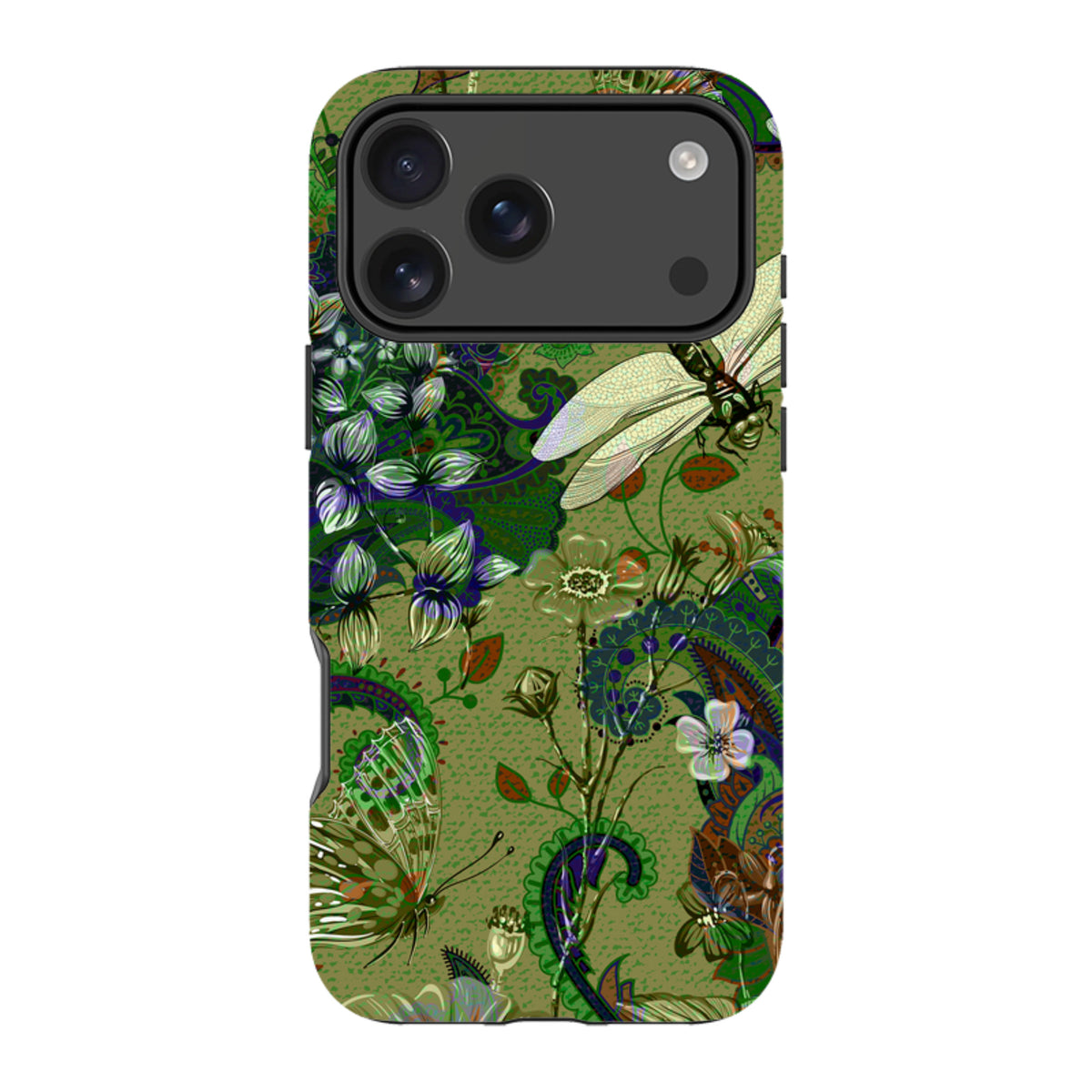 iPhone Tough Case in Vyne design featuring a green botanical print with dragonflies, butterflies, and paisley patterns.