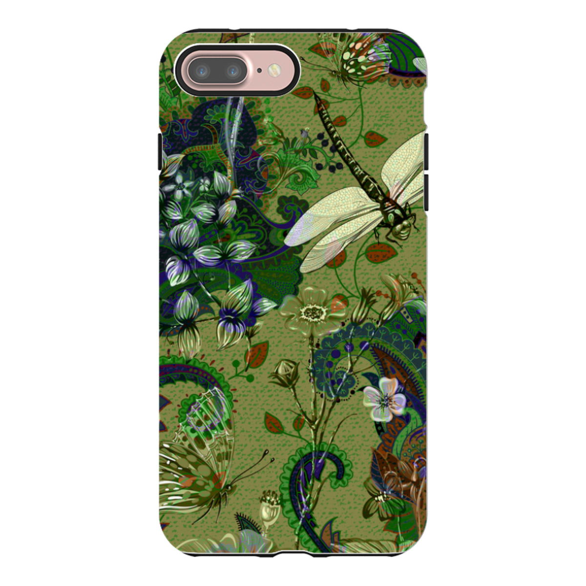 iPhone Tough Case featuring a green botanical print with dragonflies, butterflies, and intricate floral patterns.