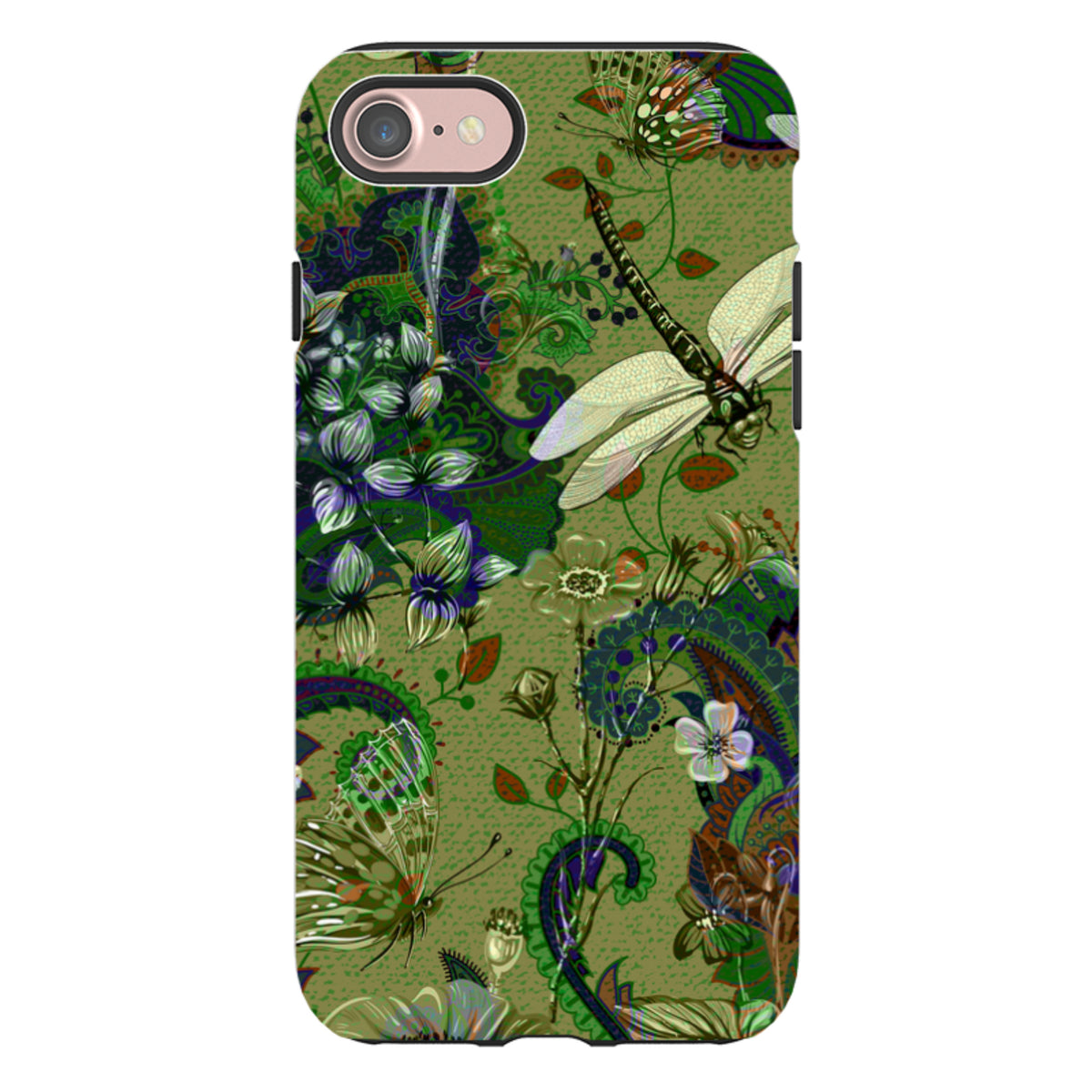iPhone Tough Case featuring a green botanical pattern with dragonflies, butterflies, and intricate paisley accents.