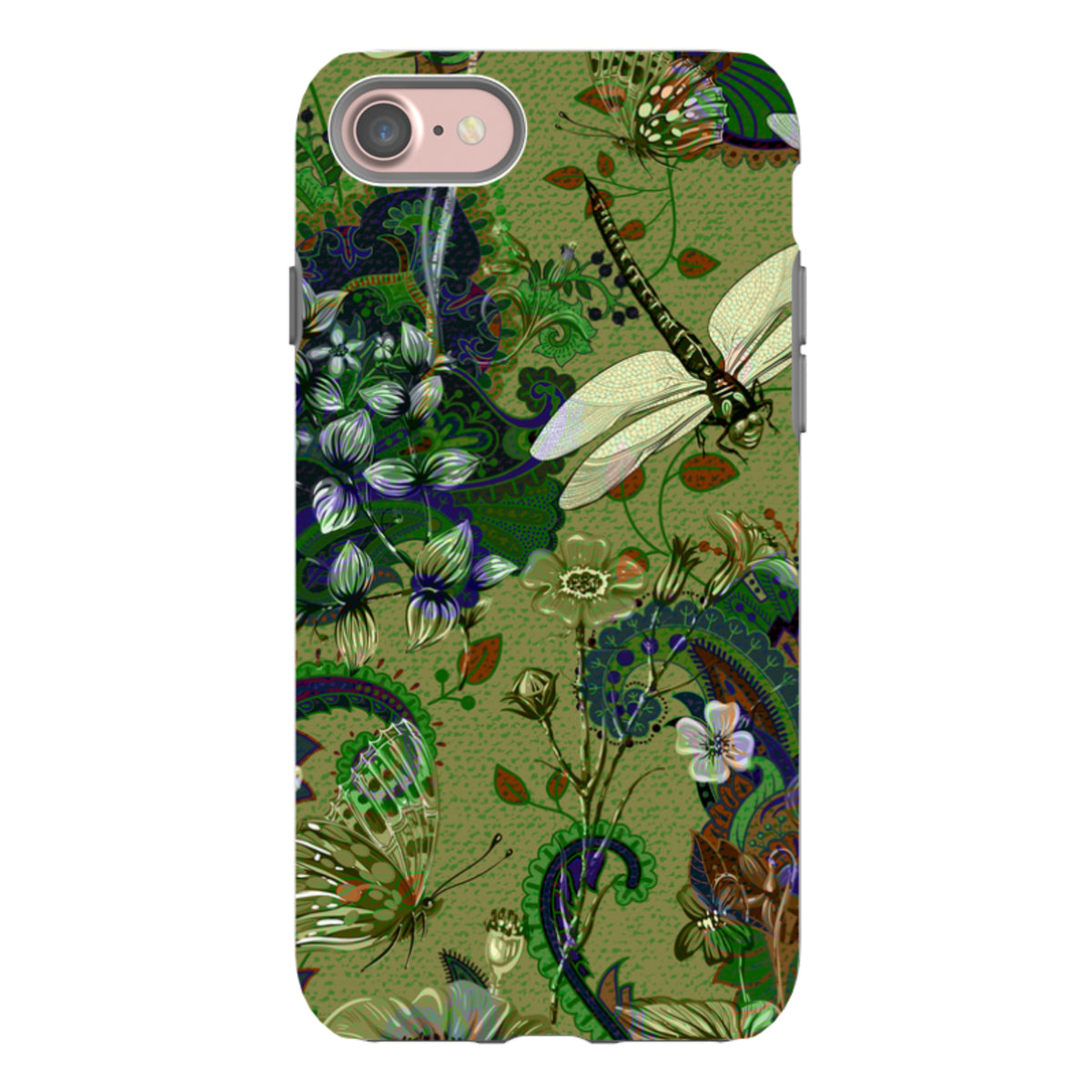 iPhone Tough Case featuring a green botanical pattern with dragonflies, butterflies, and intricate floral details.
