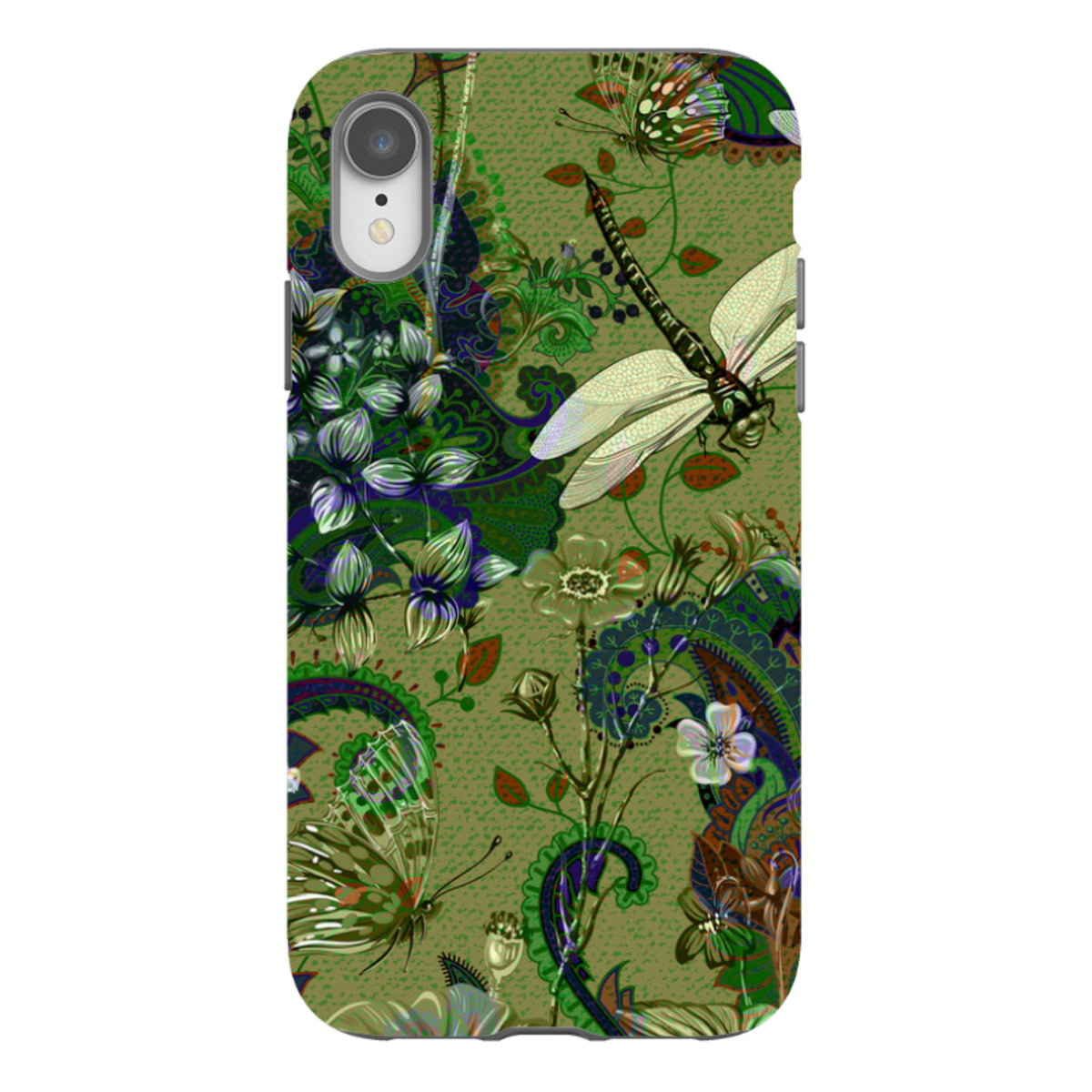 iPhone Tough Case in Vyne design featuring a green botanical pattern with dragonflies, butterflies, and paisley motifs.