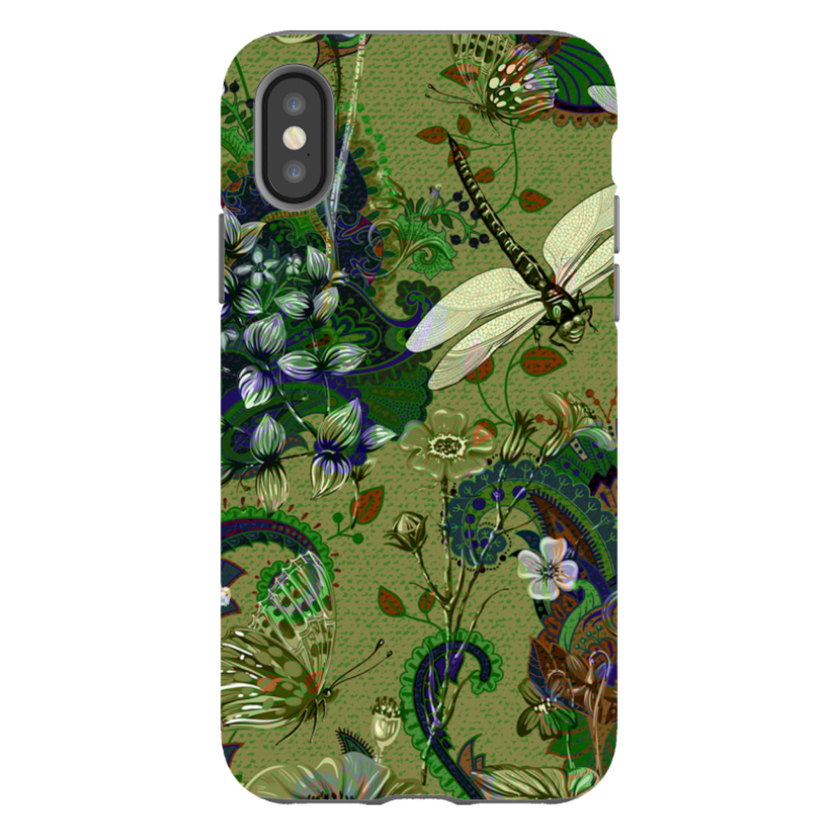 iPhone Tough Case featuring a green botanical print with dragonflies, butterflies, and intricate paisley patterns.