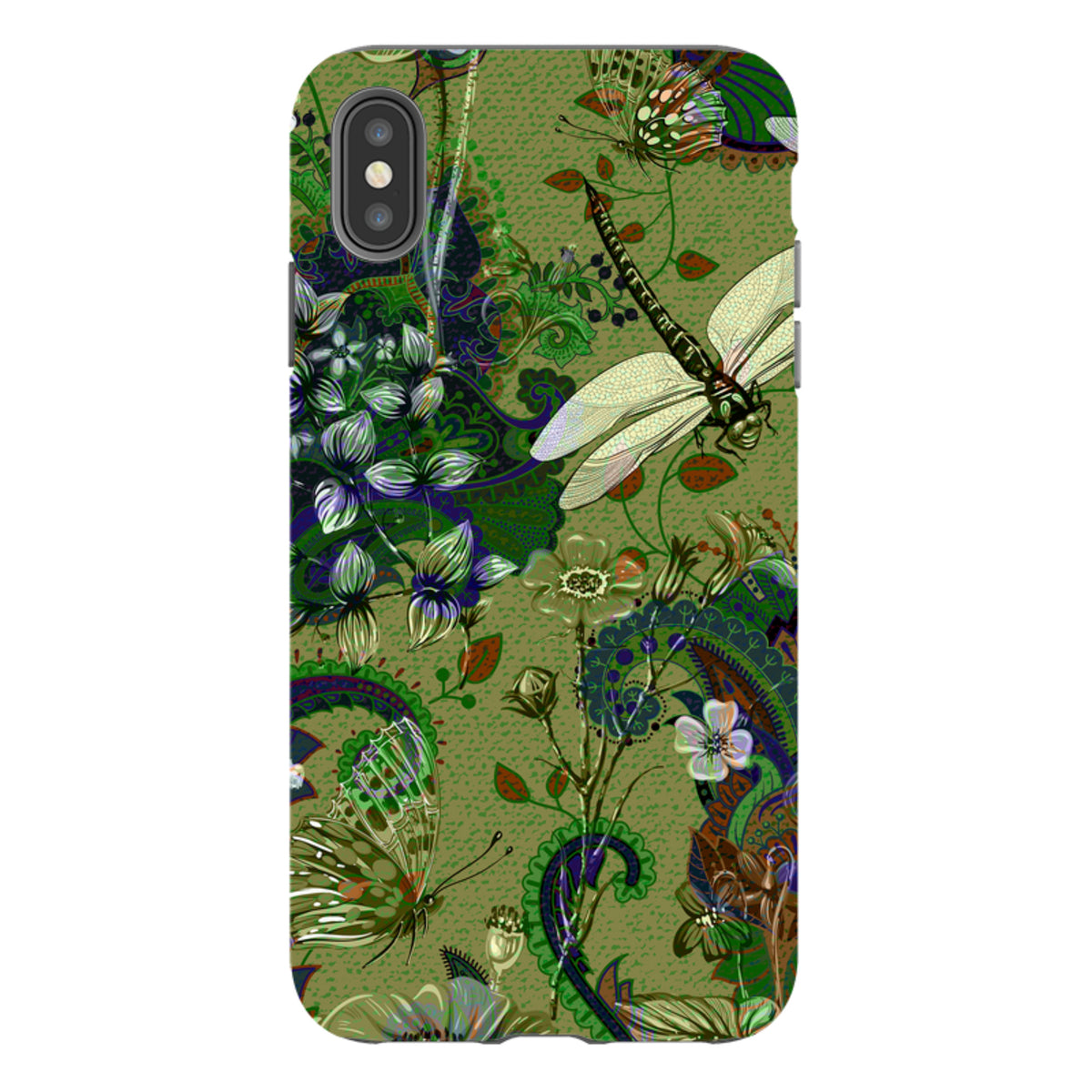 iPhone tough case featuring a green botanical pattern with dragonflies, butterflies, and intricate paisley accents.