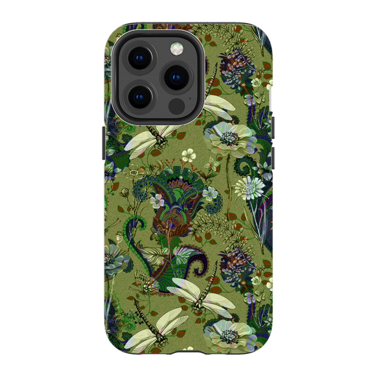 iPhone tough case with a green Vyne floral and dragonfly pattern, featuring a dual-layer design and precise camera cutouts.