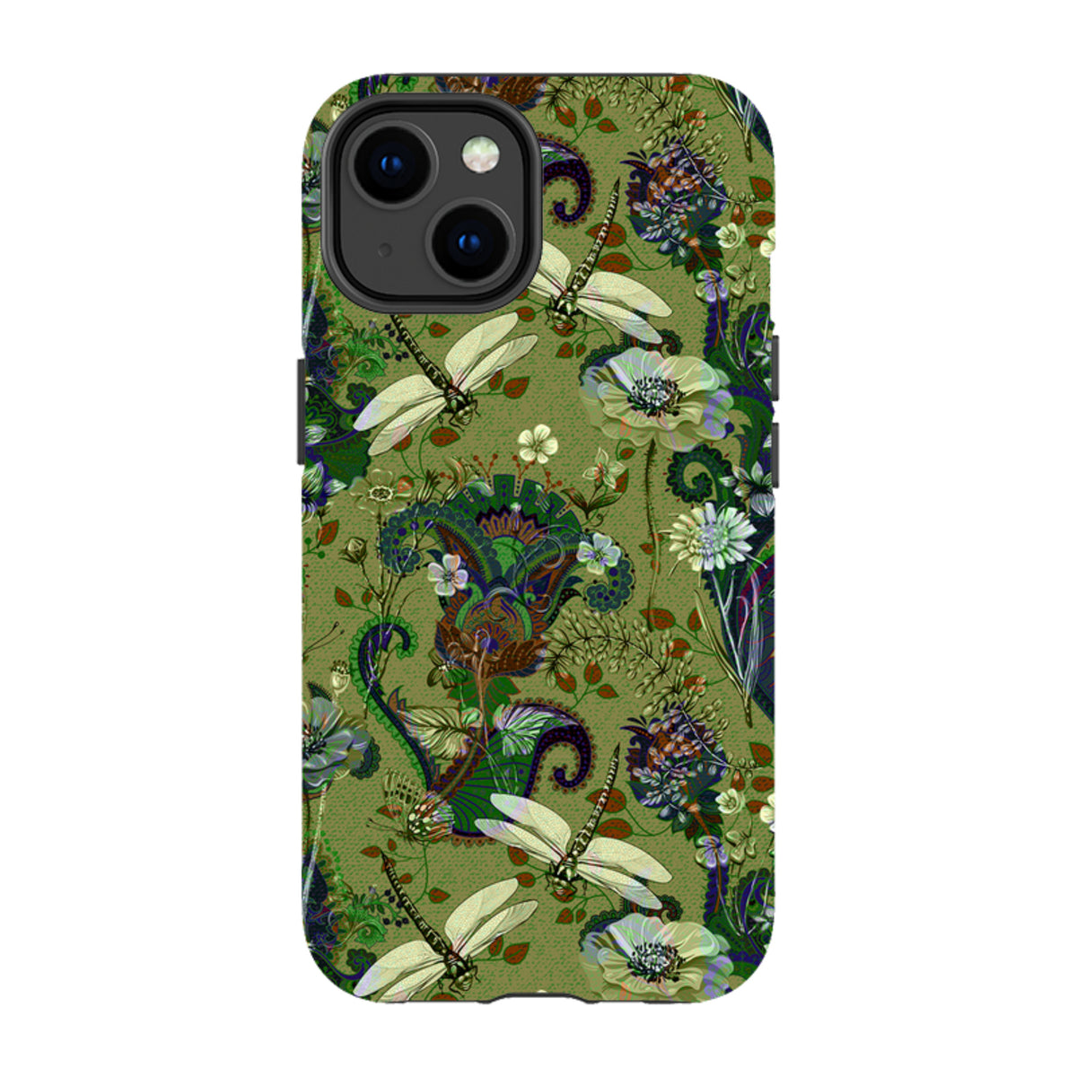iPhone tough case with a green Vyne pattern featuring dragonflies, intricate paisley, and floral botanical illustrations.