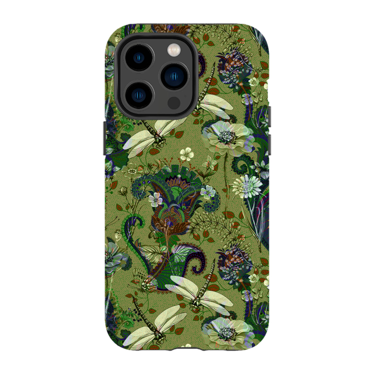 iPhone tough case featuring a green botanical pattern with dragonflies, white flowers, and intricate paisley accents.
