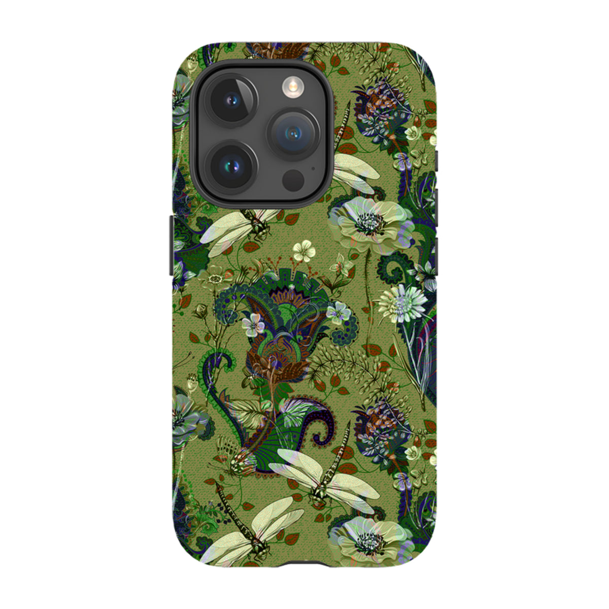 iPhone tough case featuring a green Vyne floral and dragonfly pattern with a durable dual-layer protective design.