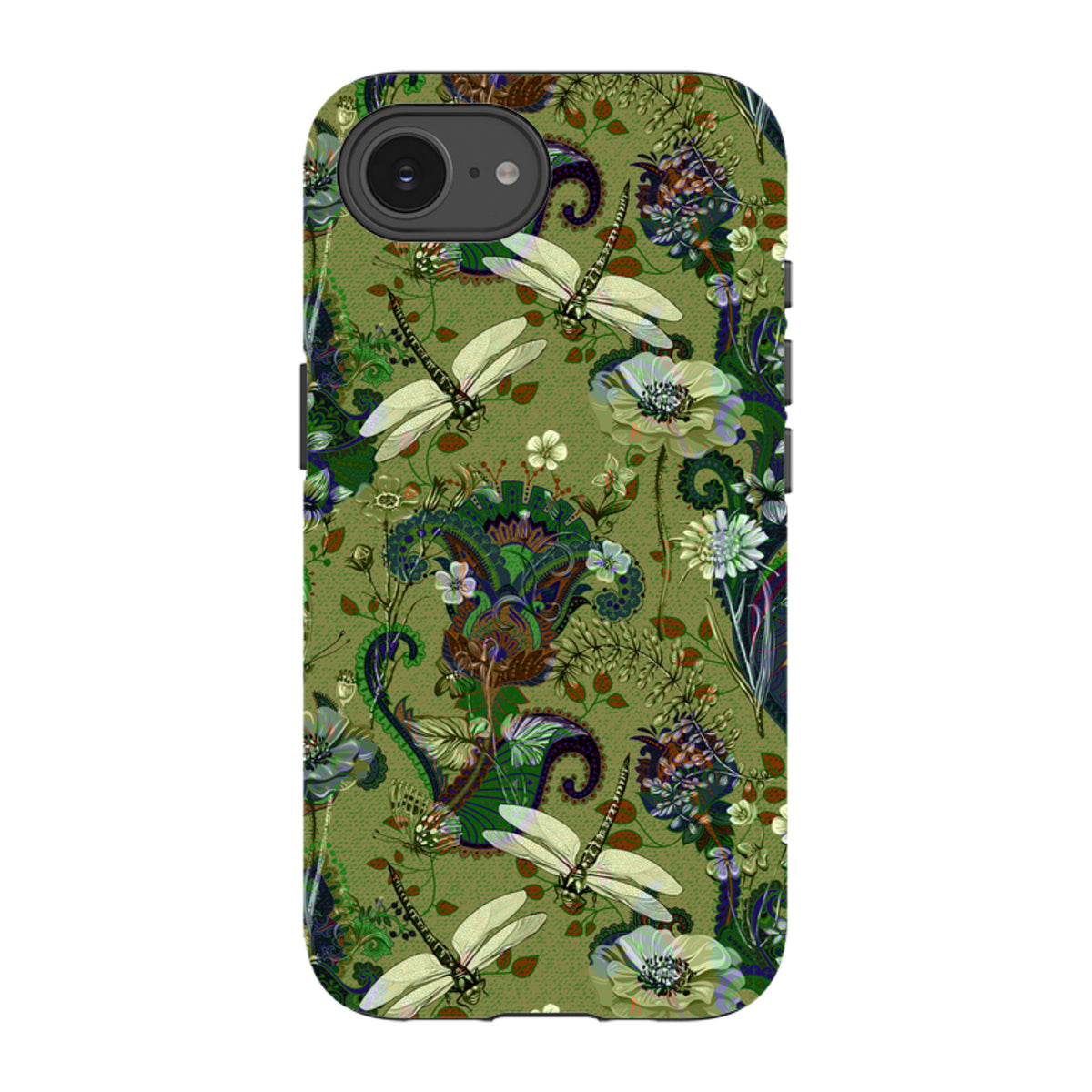 iPhone tough case with a green Vyne pattern featuring dragonflies, floral motifs, and paisley designs.