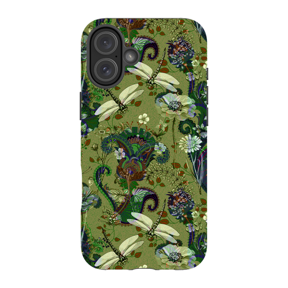 iPhone tough case featuring a green Vyne pattern with dragonflies, floral motifs, and paisley designs.