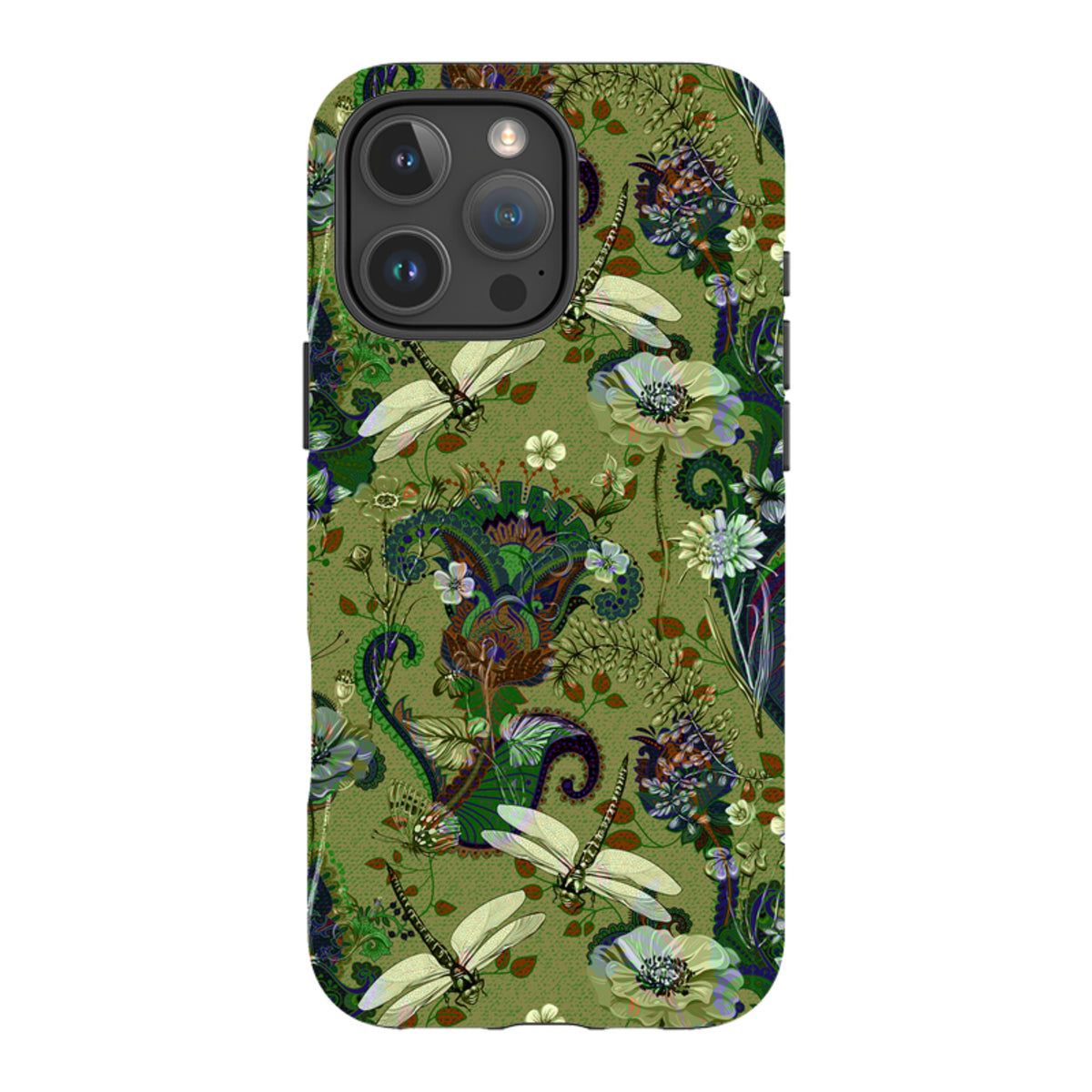 iPhone tough case featuring a green Vyne floral and dragonfly pattern with a durable dual-layer protective design.