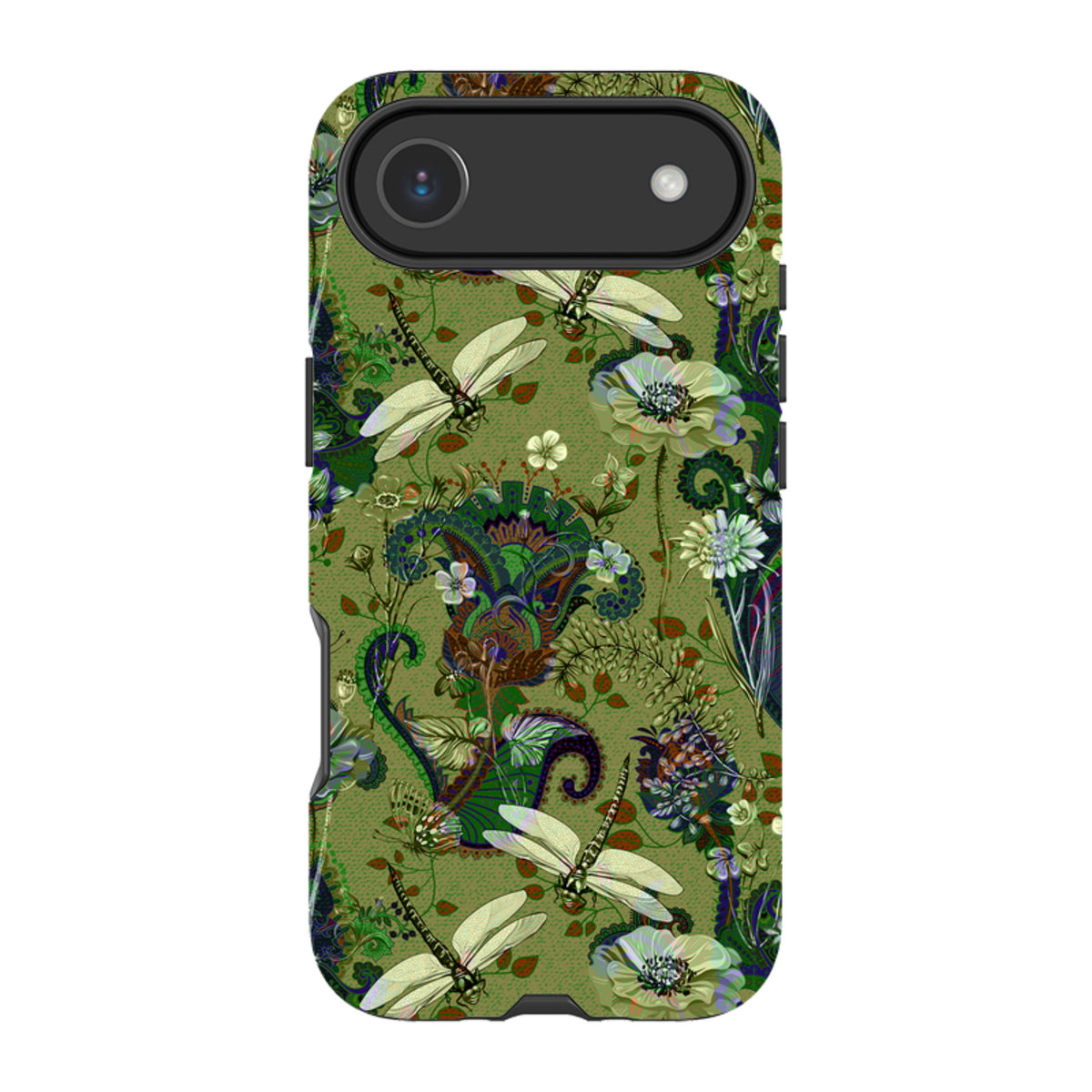 iPhone tough case with a green Vyne pattern featuring dragonflies, paisley, and floral designs on a dual-layer shell.