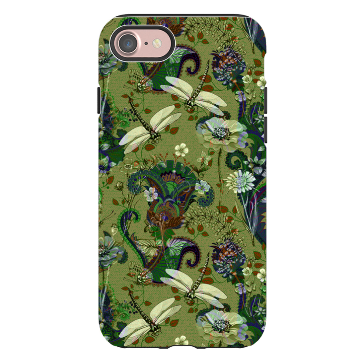 iPhone Tough Case featuring a green Vyne pattern with dragonflies, floral motifs, and a protective dual-layer design.