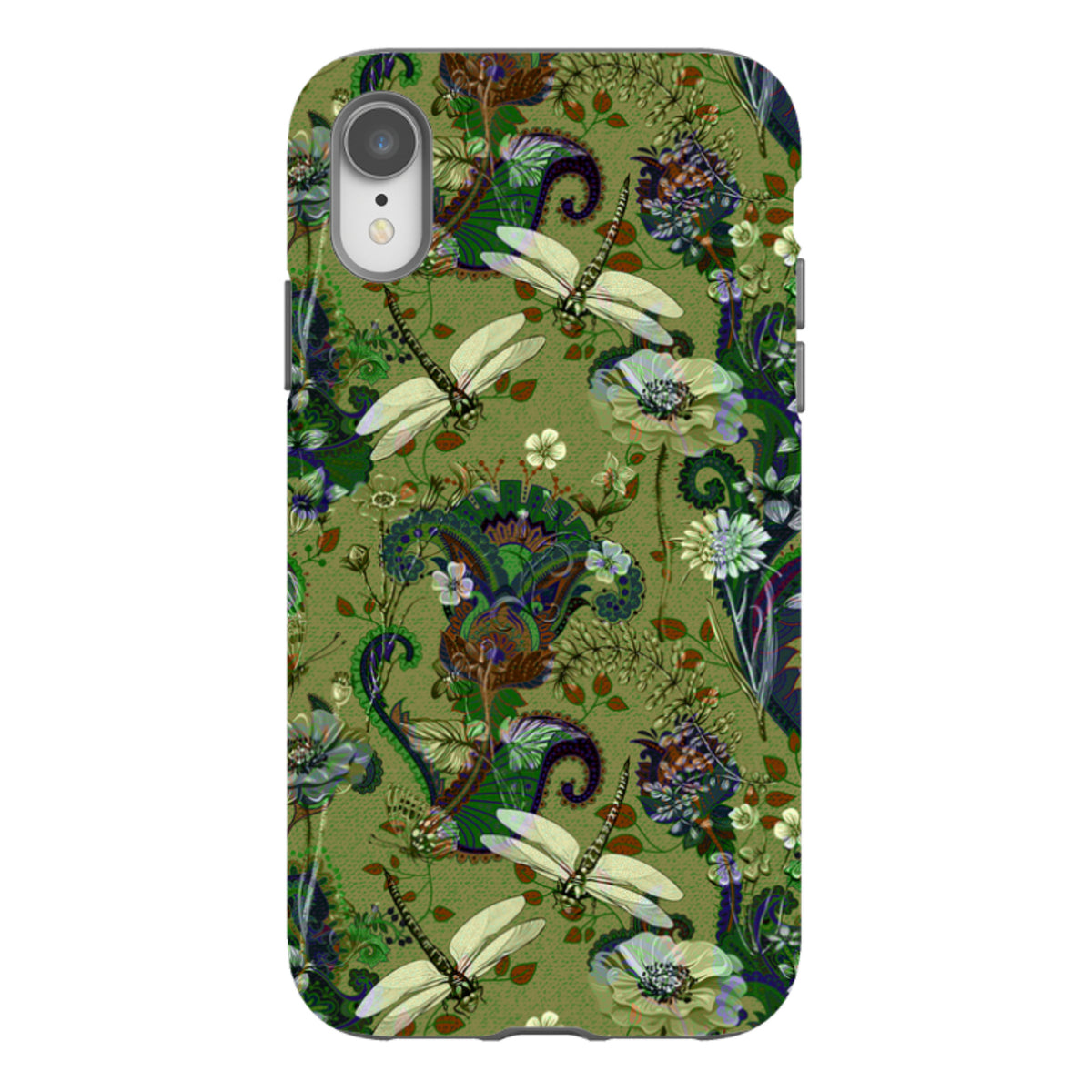 iPhone tough case featuring a green Vyne pattern with dragonflies, intricate floral motifs, and a durable dual-layer design.
