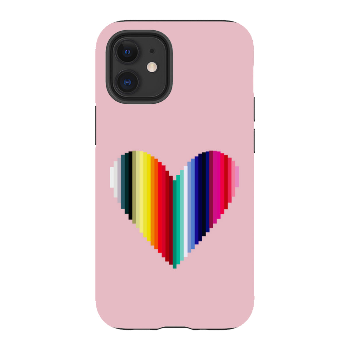 Pink iPhone tough case featuring a colorful, pixelated heart design with a dual-layer protective shell.
