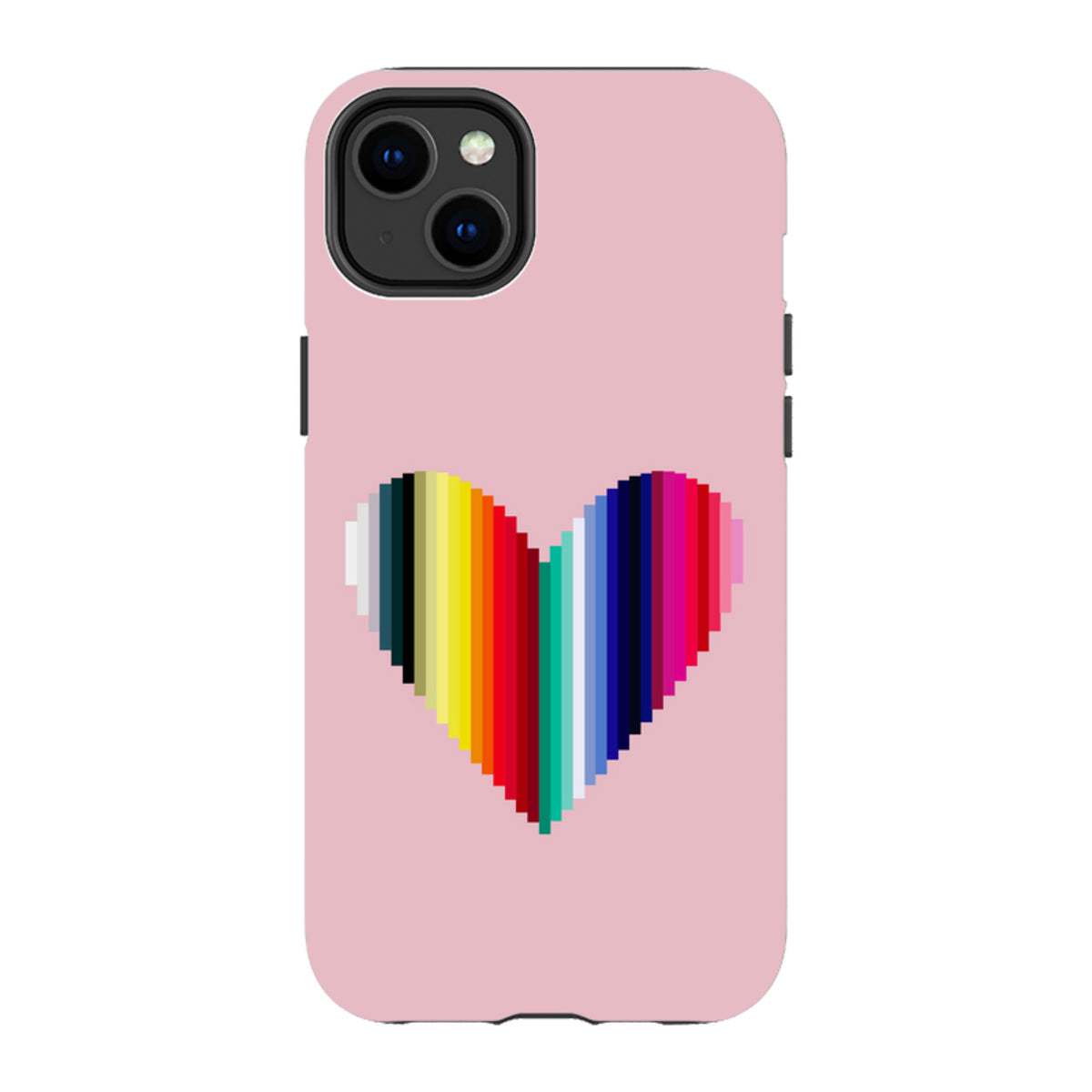 iPhone tough case in light pink featuring a vibrant, multi-colored vertical striped heart design.