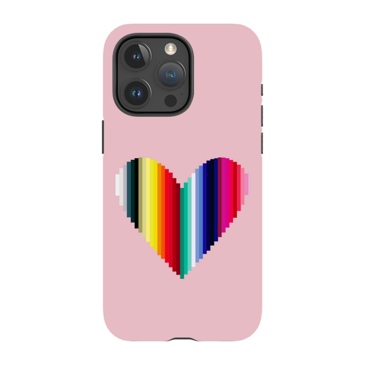 Pink iPhone tough case featuring a vibrant, multi-colored vertical striped heart design by Kitty Joseph.