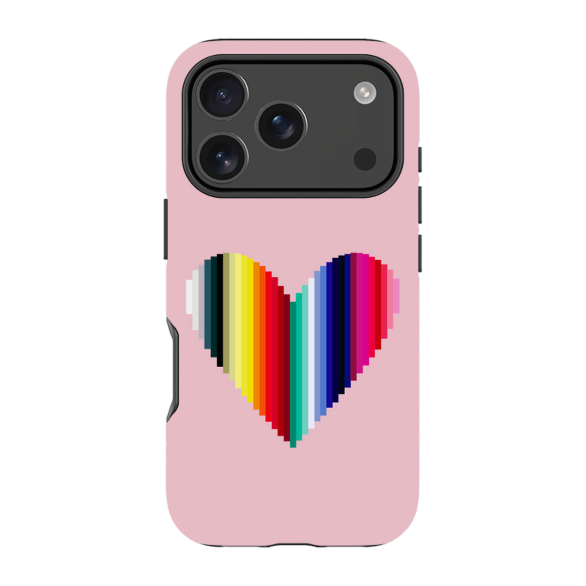 Pink iPhone tough case featuring a vibrant, multicolored striped heart design by Kitty Joseph with dual-layer protection.