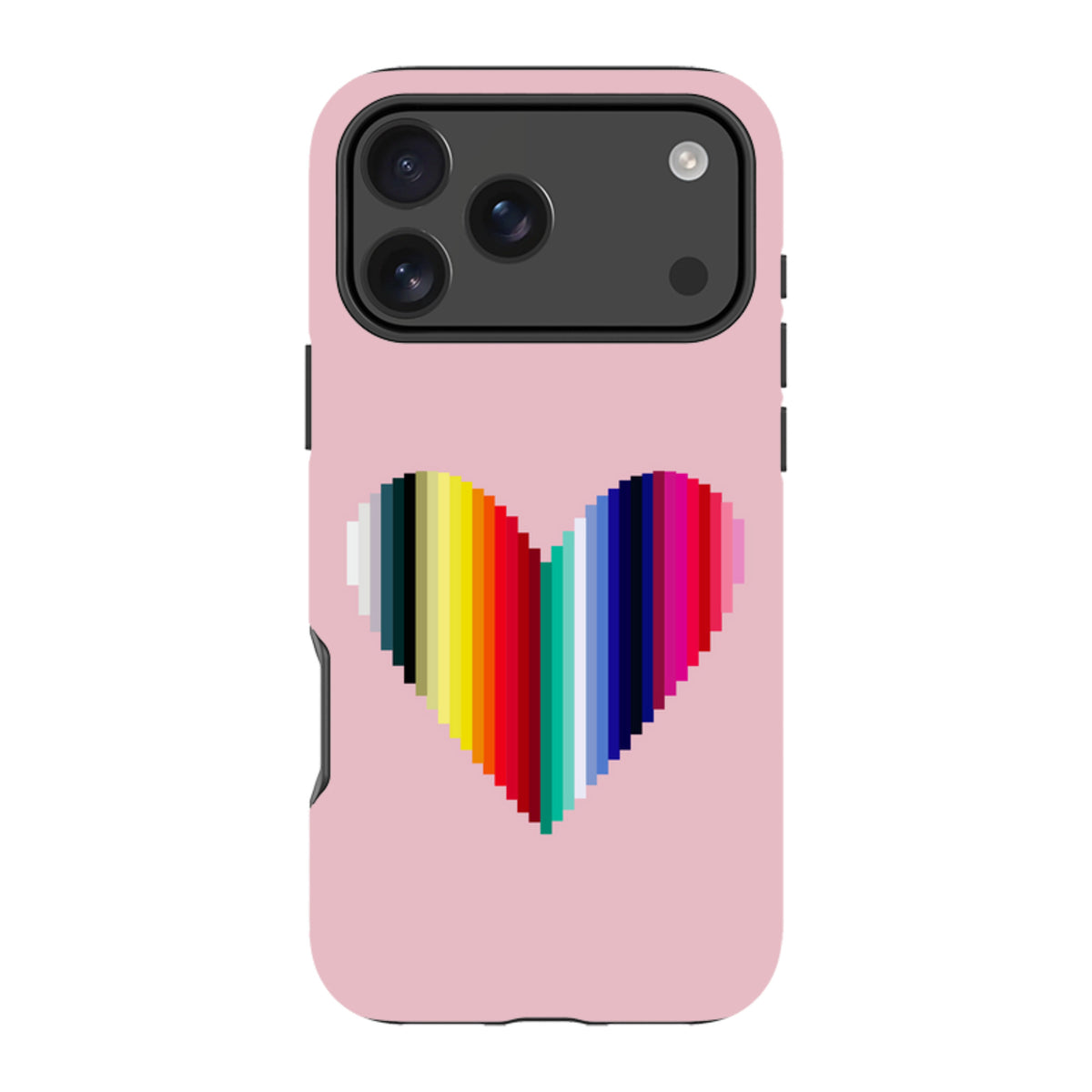 Pink iPhone tough case featuring a vibrant, multi-colored vertical stripe heart design by Kitty Joseph.