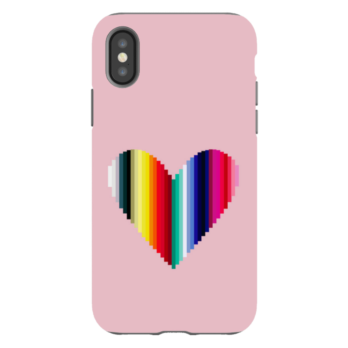 Pink iPhone tough case featuring a vibrant, multi-colored vertical striped heart design by Kitty Joseph.